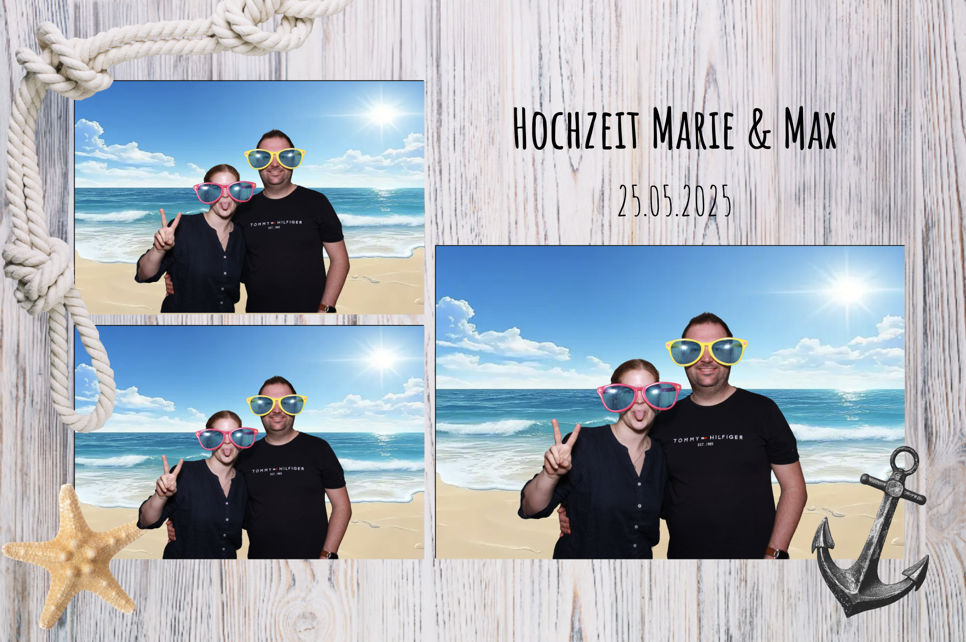Fotocollage von einem Paar auf einer Strandlandschaft, trägt große bunte Sonnenbrillen, mit einem Tau-an-der-Immerschrift, Datum und Seestern- und Anker-Dekorationen, mit Text "Hochzeit Marie & Max, 25.05.2025".