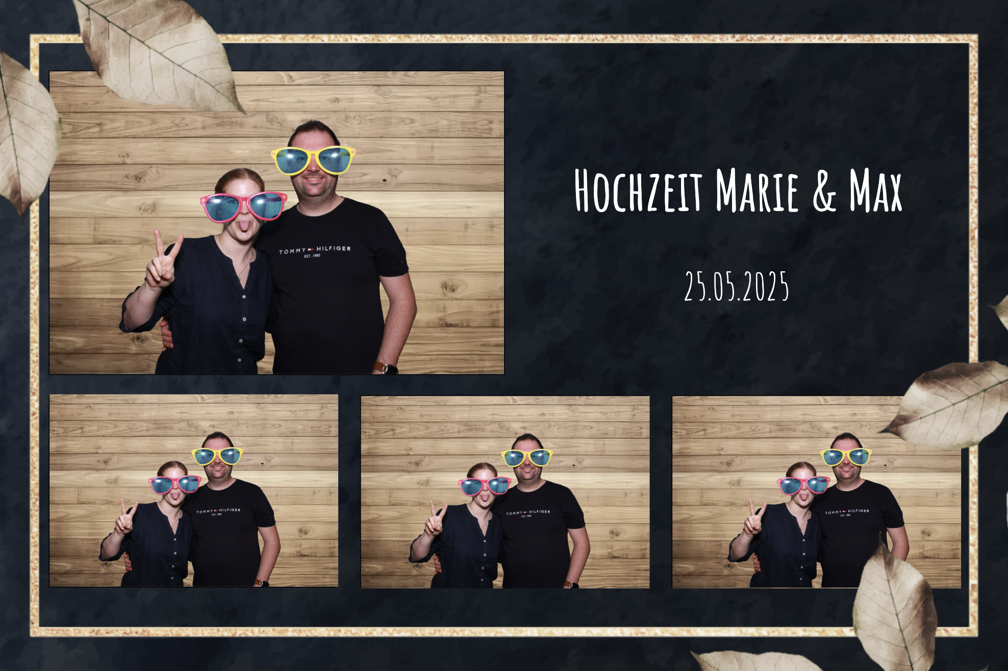 Fotokabinenbild mit einem Mann und einer Frau, die auffällige große Sonnenbrillen tragen. Das Bild ist Teil eines Fotodisplays für die Hochzeitsfeier von Marie und Max am 25. Mai 2025 mit Dekorationen aus goldbraunen Blättern und Holzoptik.