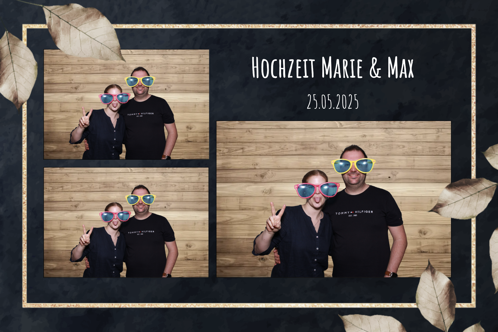 Fotobooth-Bild mit einem Mann und einer Frau, beide tragen große bunte Sonnenbrillen und machen lustige Gesichtsausdrücke. Über dem Bild steht die Schrift ‚Hochzeit Marie & Max' und das Datum 25.05.2025. Das Bild ist eingebettet in einen dunklen Rahmen mit Herbstblättern als Dekoration.