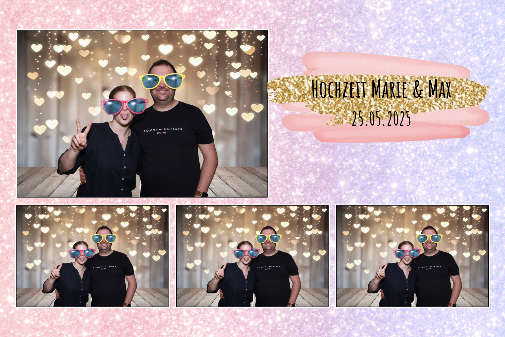 Fotokollage von einem Hochzeitspaar bei einer Fotobox, das große bunte Brillen trägt, mit Herzen im Hintergrund und einem Textbanner, das mit "Hochzeit Marie & Max" und dem Datum "25.05.2025" beschriftet ist.
