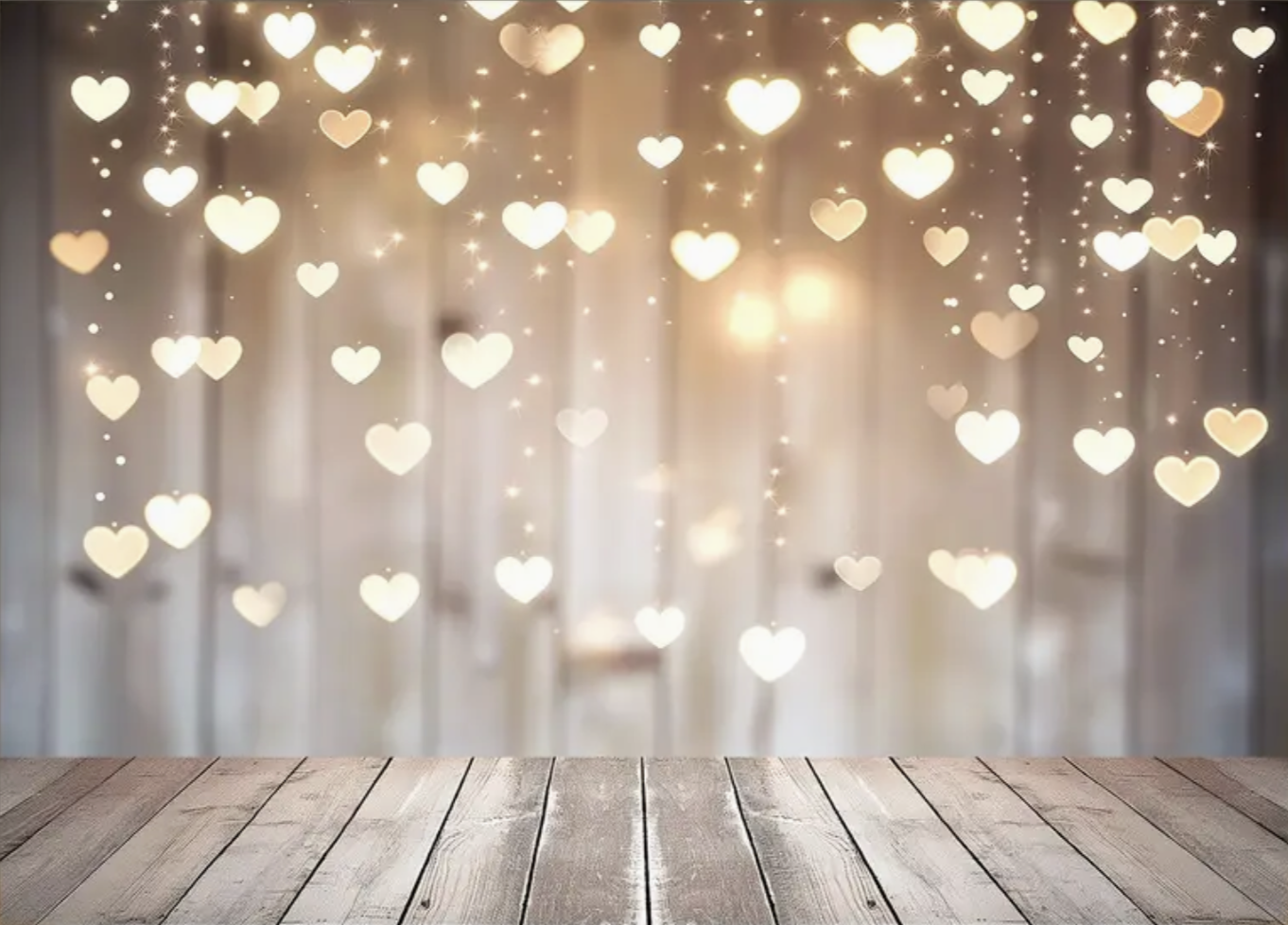Hintergrund mit unscharfen, leuchtenden Herzchen und Sternchen, im Vordergrund eine Holzfußbodenfläche.