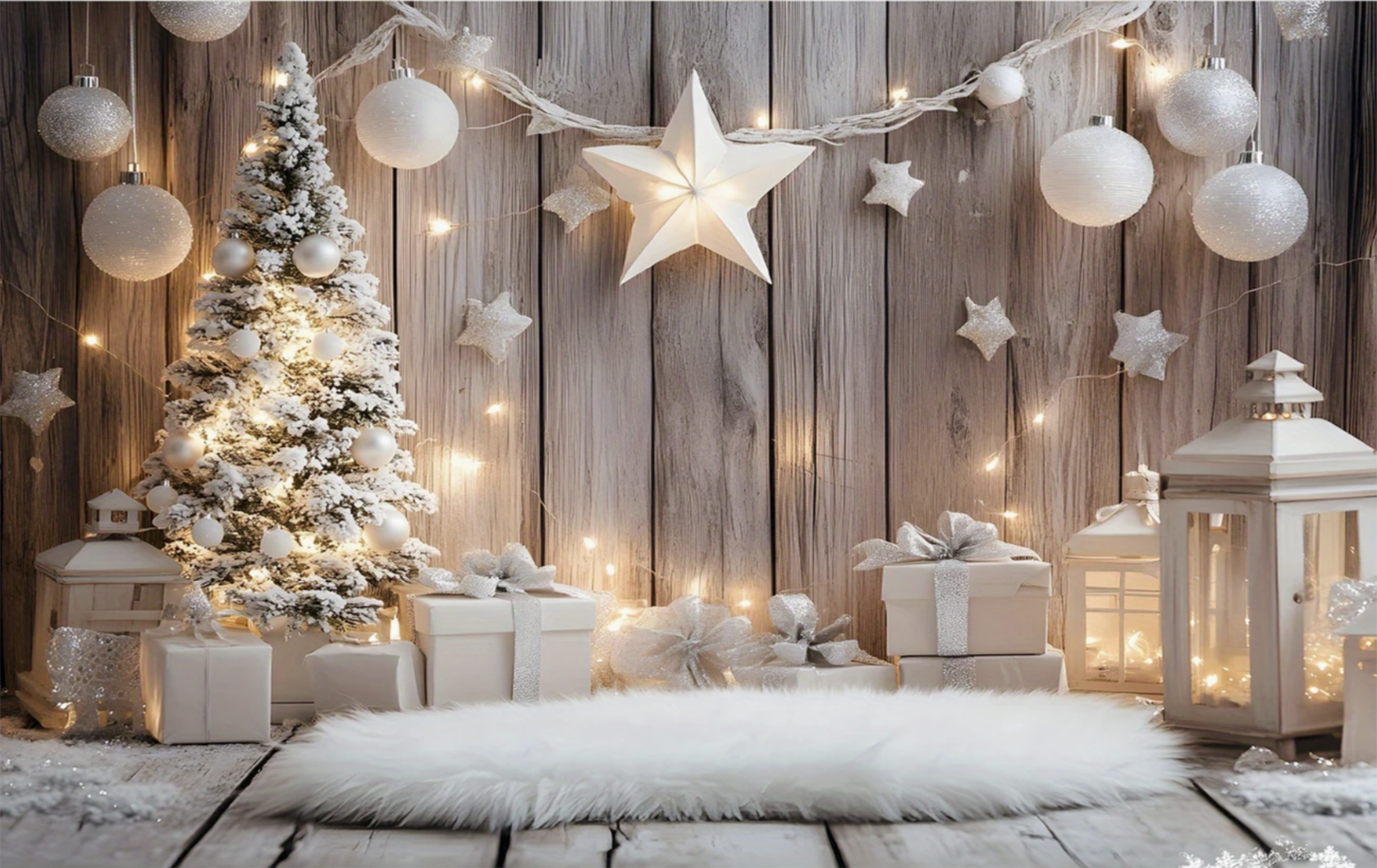 Weihnachtliche Dekoration mit geschmücktem Weihnachtsbaum, Geschenken, Lichterketten, Papiersternen, Laternen und Schneefiguren vor Holzwand