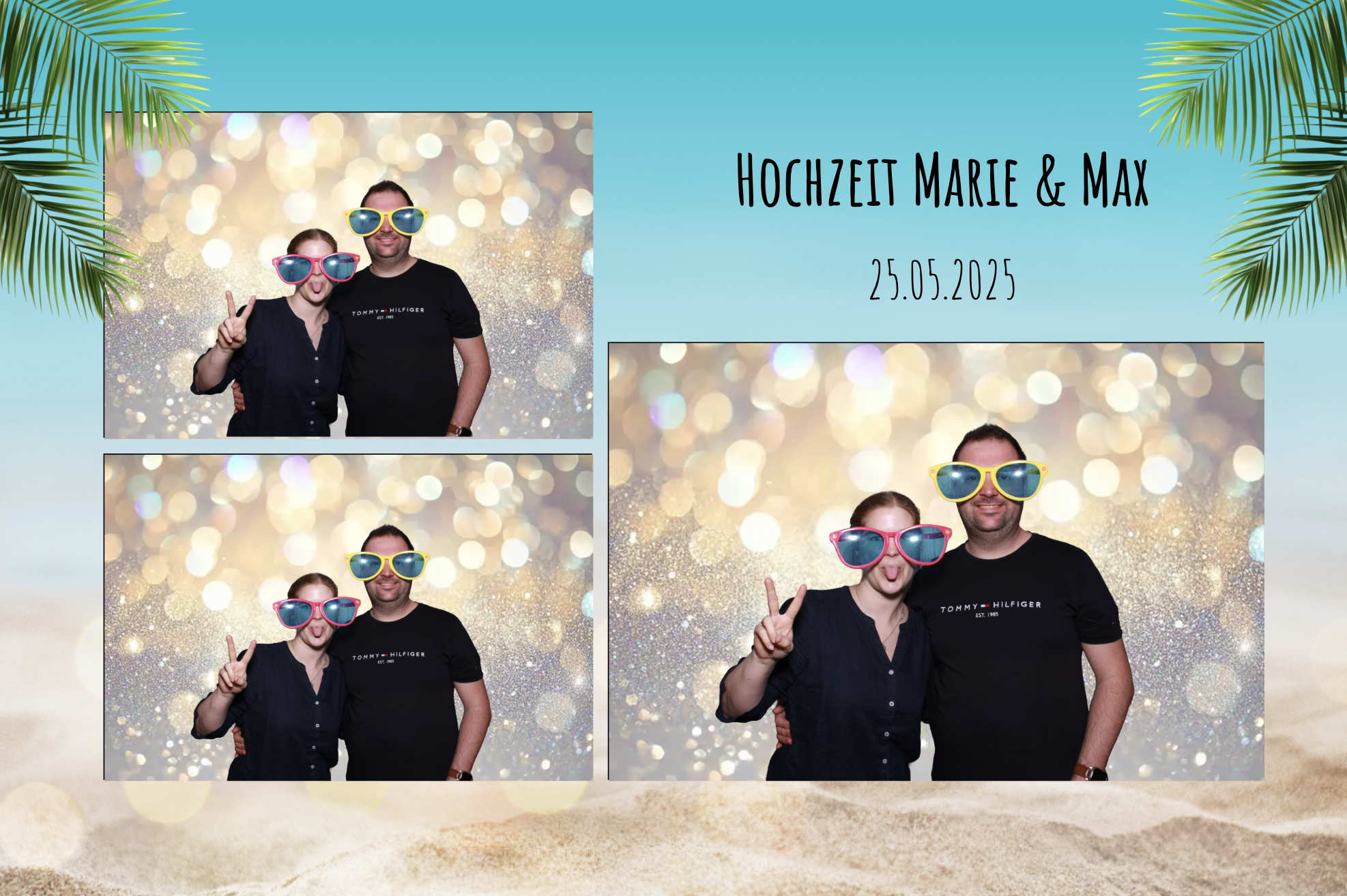 Fotobooth-Bild mit einem Mann und einer Frau, die große bunte Sonnenbrillen tragen, vor einem glitternden, goldenen Hintergrund. Im oberen rechten Bereich steht der Text 'Hochzeit Marie & Max' und das Datum 25.05.2025, mit Palmenblättern an den Ecken, auf einer Strand-Convention-Hintergrund. Das Paar macht unterschiedliche Posen, lächelt und freut sich.