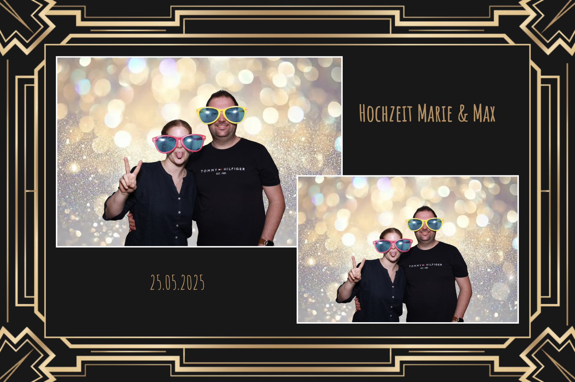 Fotobuch mit Fotos eines Paares bei einer Hochzeit am 25. Mai 2025, mit einer glitzernden Hintergrundgrafik, goldfarbenem Rahmen und Text in Deutsch, inklusive der Namen Marie und Max.
