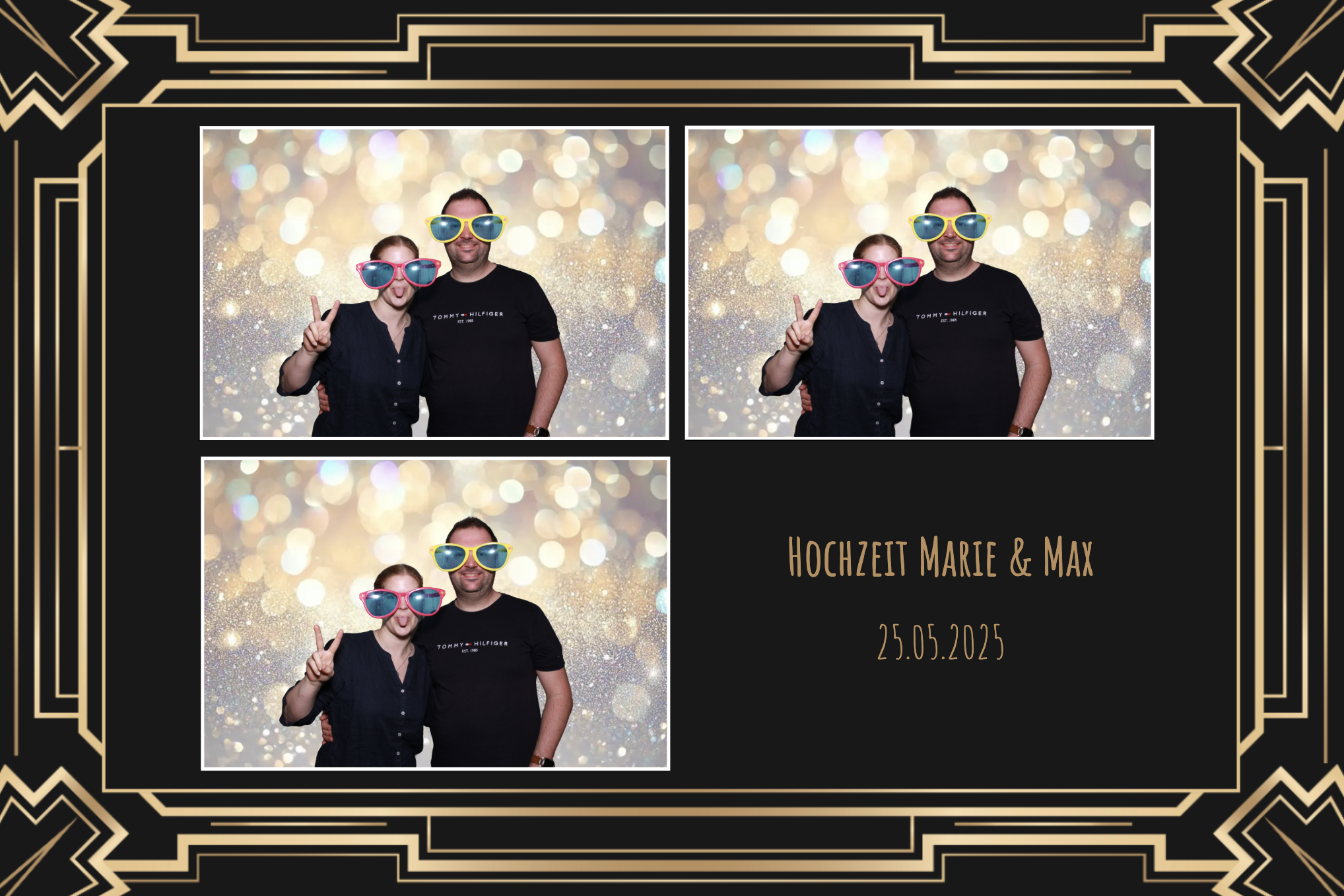 Zwei Personen in bunten Sonnenbrillen vor einem goldfarbenen Bokeh-Hintergrund, feiern ihre Hochzeit am 25. Mai 2025, mit einem dekorativen goldenen Rahmen.