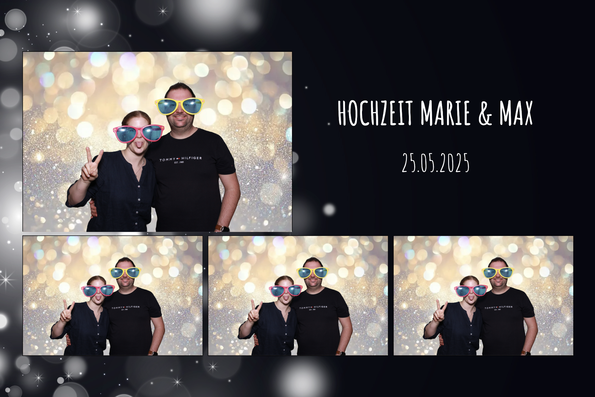 Fotocollage eines Paares bei einer Hochzeit mit bunten Sonnenbrillen, lachend und die Handzeichen 'Peace' und 'V' zeigend, vor einem gold-glitzernden Hintergrund, mit Text 'Hochzeit Marie & Max 25.05.2025'.