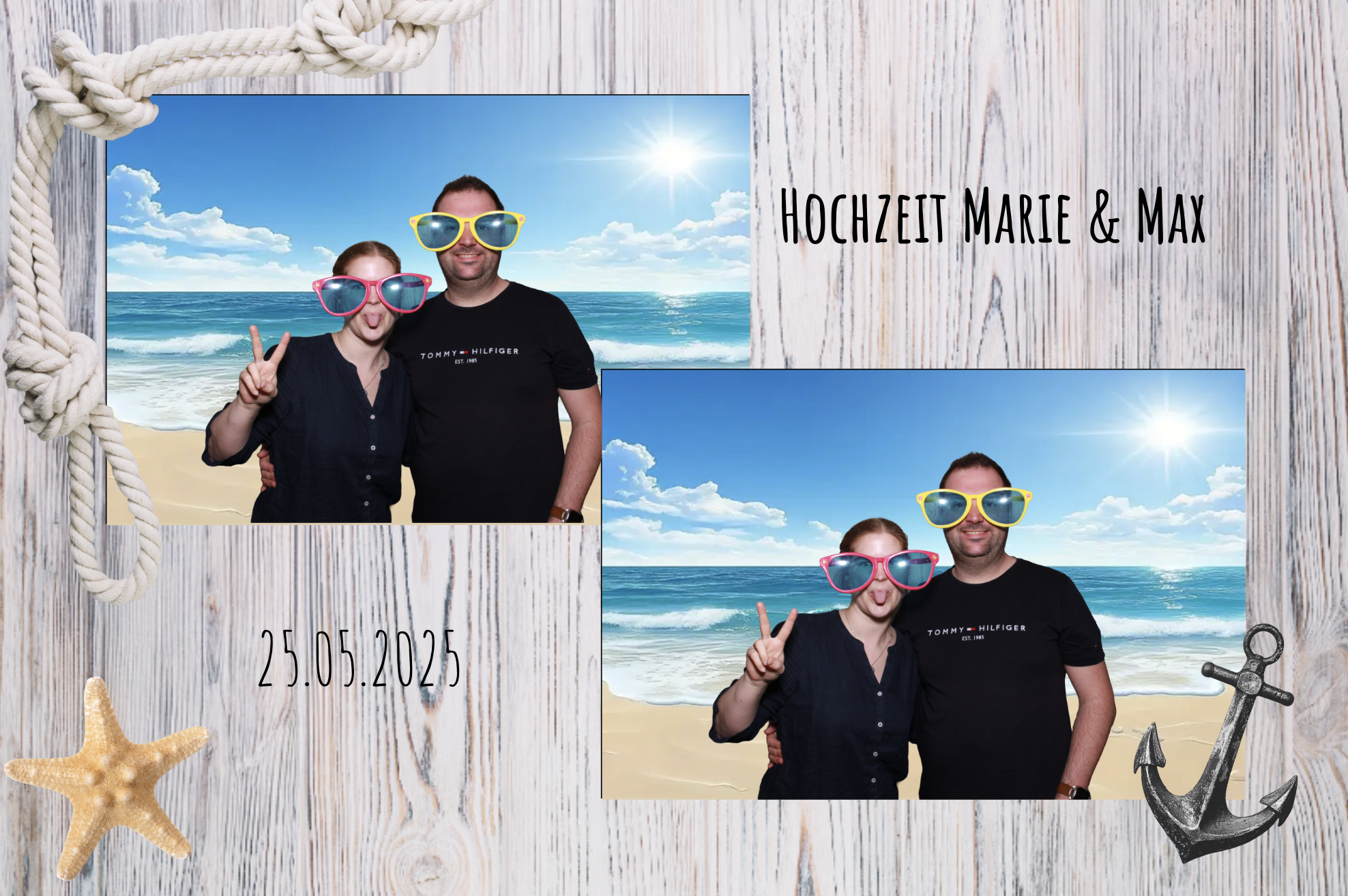 Fotocollage von einem Mann und einer Frau am Strand, beide tragen große, bunte Sonnenbrillen, im Hintergrund ein digital erstellter Strand mit Meer, Himmel und Sonne, mit Strandaccessoires wie Muschel, Sternfish und Anker. Text: Hochzeit Marie & Max, 25.05.2025.