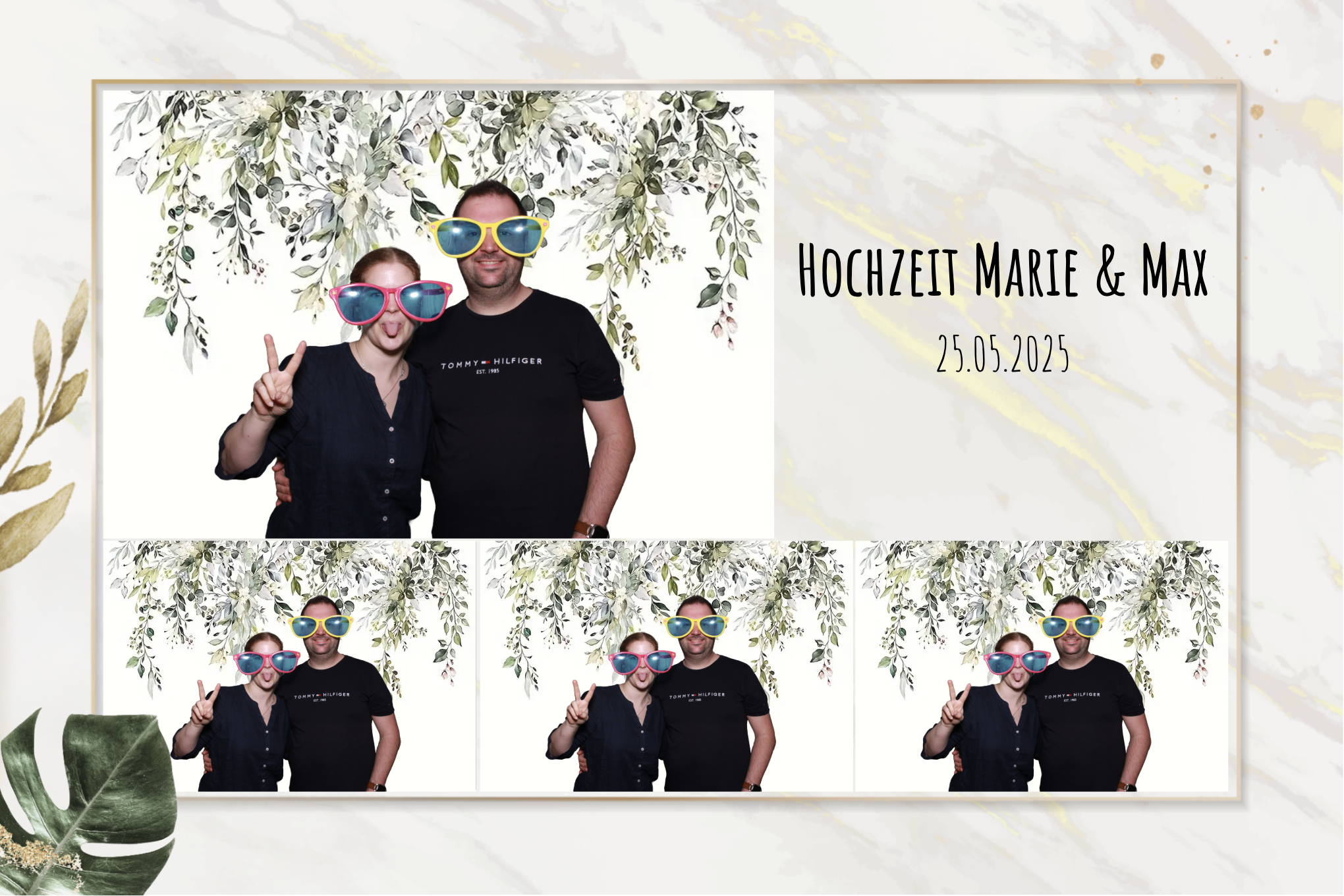 Fotowand mit einem Paar, das auf einer Hochzeit trägt, mit großen bunten Sonnenbrillen vor einer grünen Blätterdekoration, und vier kleinere Bilder darunter. Text auf dem Bild: Hochzeitsdatum 25.05.2025, Namen Marie und Max.