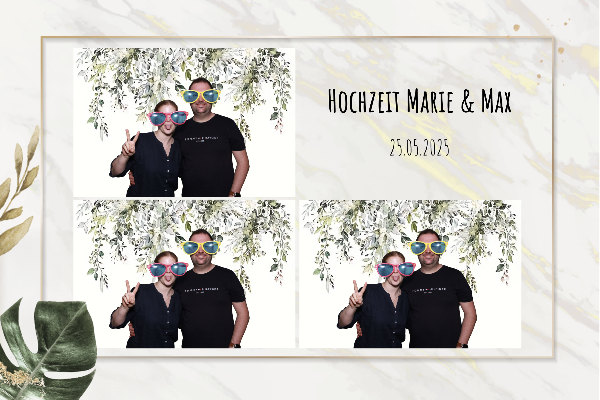 Fotokabinen-Bild mit einem Paar, das bunte Sonnenbrillen trägt, auf einem Hochzeits-Backdrop mit Blättern, Text: "Hochzeit Marie & Max, 25.05.2025"