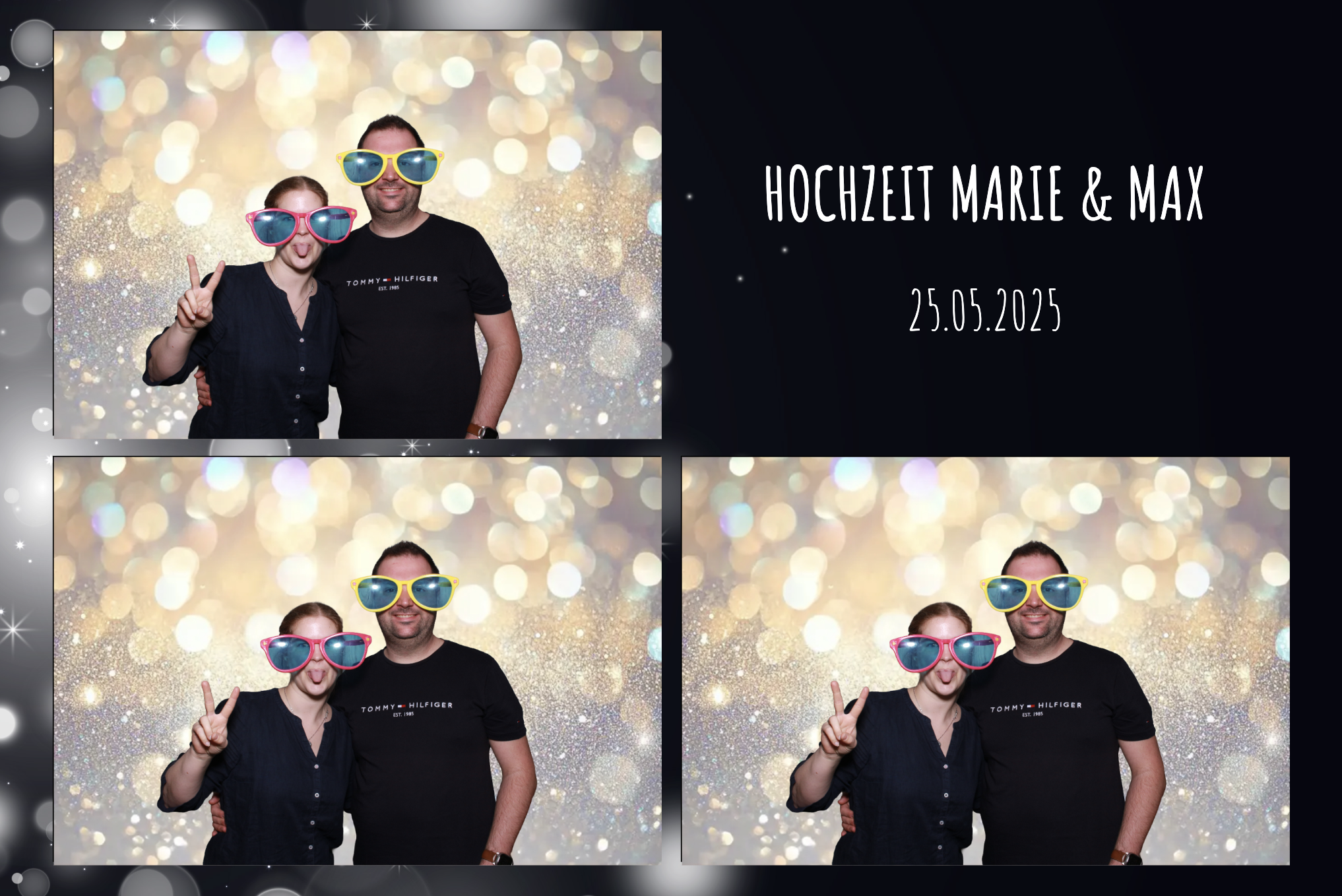 Zwei Personen tragen große, bunte Sonnenbrillen, posieren in einem Fotobooth vor einem glitzernden, goldenen Hintergrund, bei einer Hochzeitsfeier am 25. Mai 2025, feiern die Hochzeit von Marie und Max.