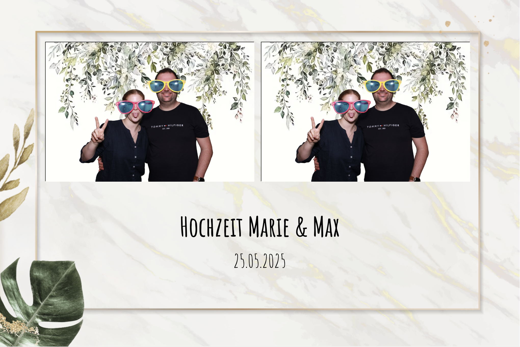 Ein Fotohintergrund mit zwei Personen, die große bunte Schnorchelmasken tragen, bei einer Hochzeit von Marie und Max am 25. Mai 2025, mit floralem Design und Blattmotiven.