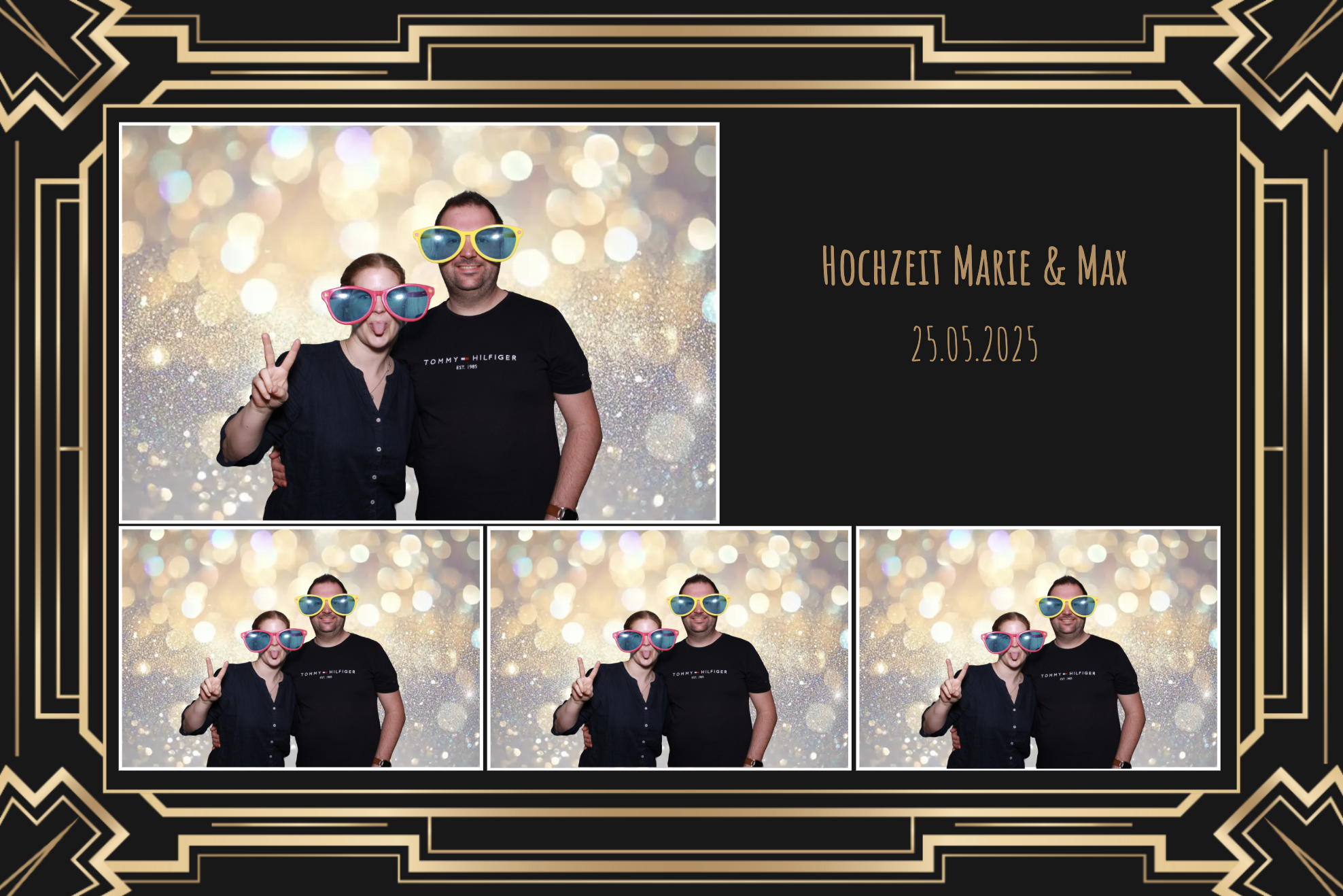 Fotobooth-Bild mit einem Pärchen bei einer Hochzeit, beide tragen riesige Sonnenbrillen und machen verschiedene Posen vor einem goldenen, funkelnden Hintergrund, mit einem Textblock auf der rechten Seite, der die Hochzeitsdaten als 25.05.2025 angibt.