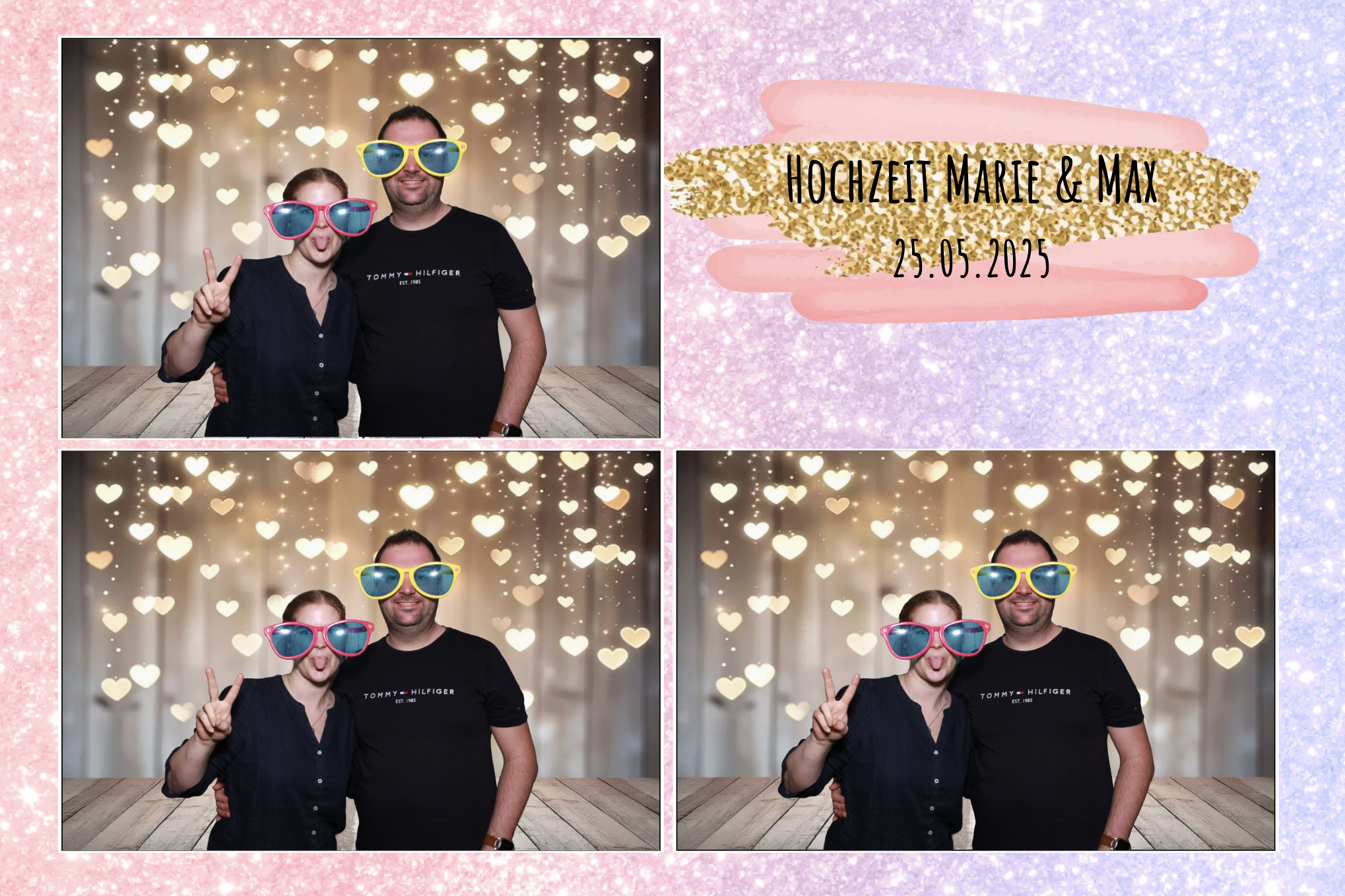 Fotokabinenbilder von einem Paar bei ihrer Hochzeit am 25. Mai 2025, mit herzförmigen Lichtdekorationen im Hintergrund. Das Paar trägt große, bunte Sonnenbrillen, lächelt und macht peace-Zeichen.