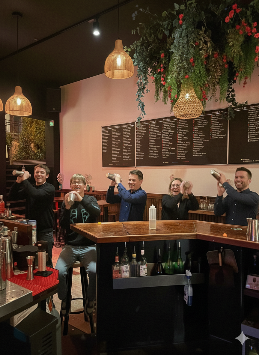 Vijf mensen achter de bar die plezier hebben terwijl ze cocktailshakers gebruiken in een bar met een menu op de muur en hangende lampen.