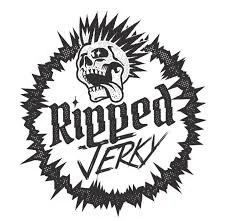 Logo with a skull, spikes, and the words 'ripped' and 'jerky' in a bold, edgy style.