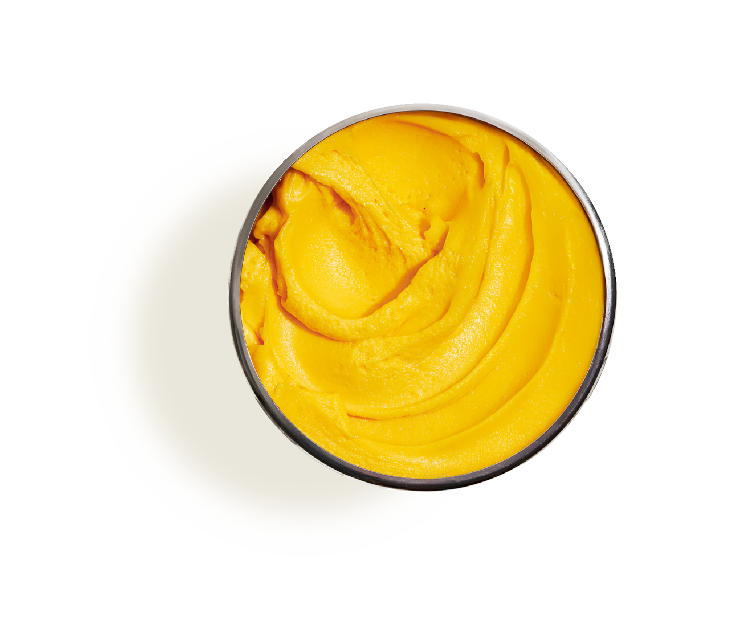 Top view of a round container filled with bright yellow creamy mustard against a white background.