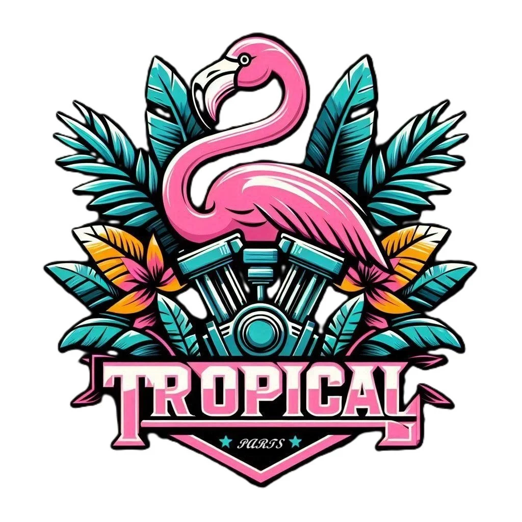A colorful graphic design featuring a pink flamingo, tropical leaves, and a motorcycle engine, with the text 'Tropical Parts' at the bottom.