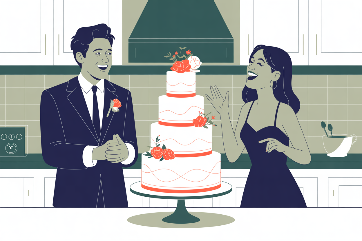 a flat vector image of a man and a woman looking happy. There is a wedding cake between them.