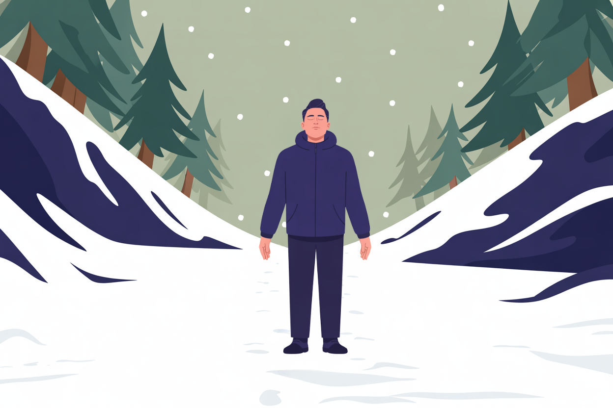 Illustration of a man taking a deep mindful breath on a snowy mountain trail