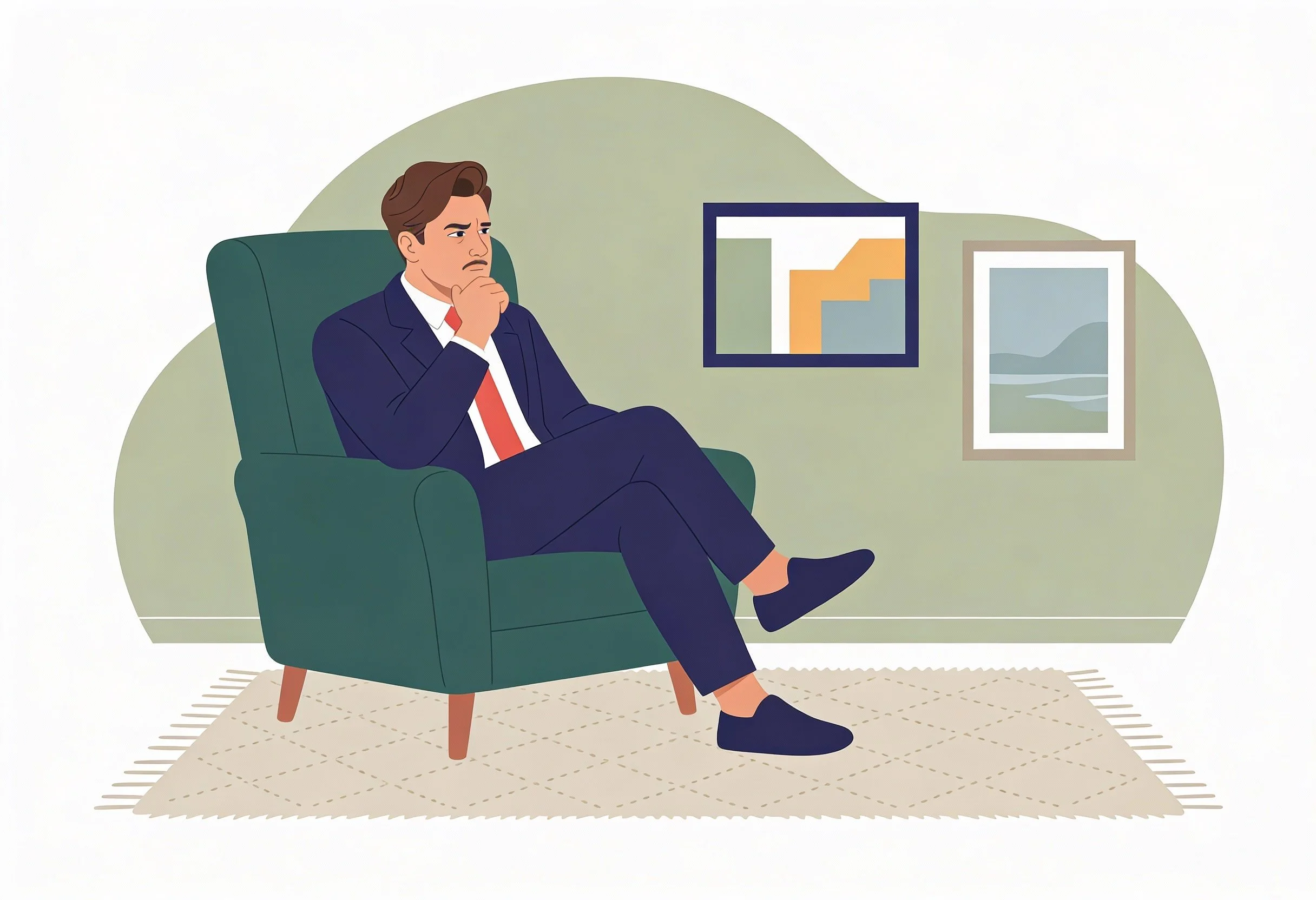A flat vector image of a man sitting thoughtfully in a cozy counseling office, reflecting on his emotions during a painful divorce process.