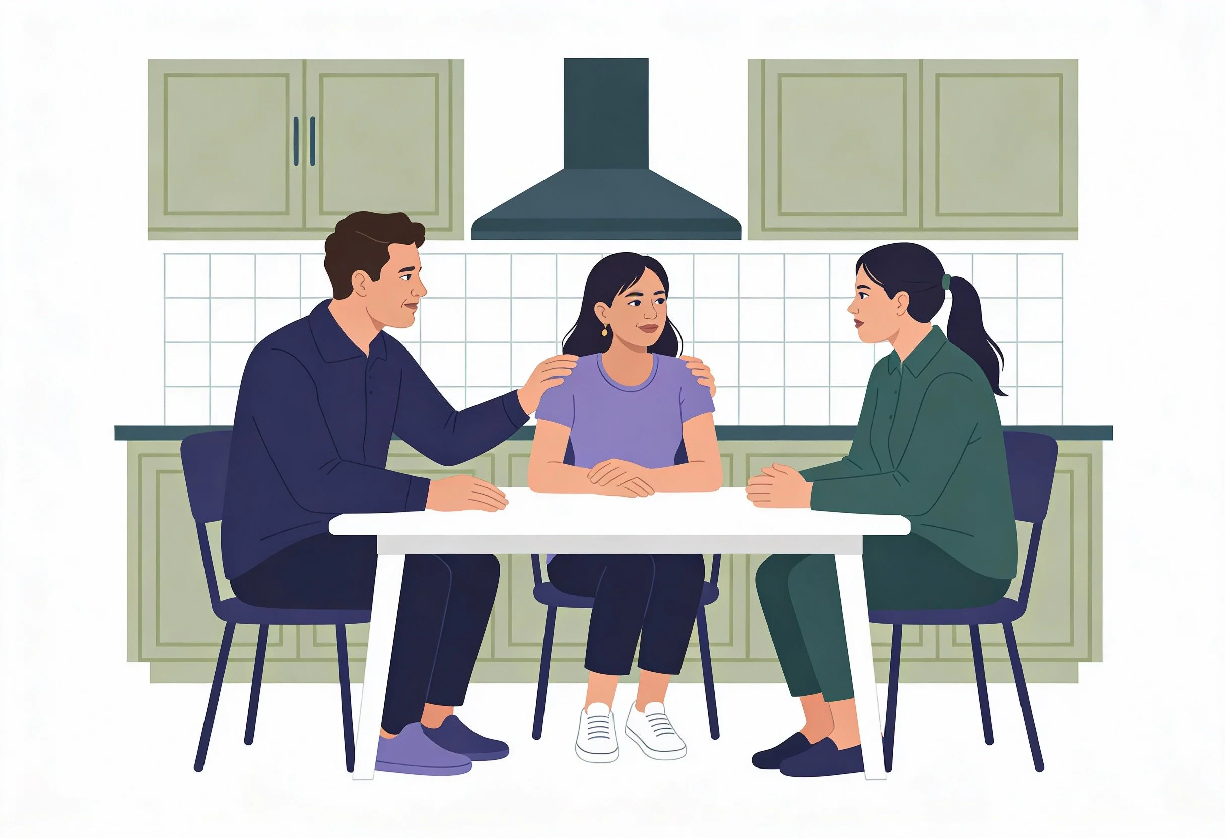 A flat vector image of three adult family members engaged in a calm and supportive conversation around a kitchen table, reflecting a moment of emotional support as they navigate the complexities of a divorce process.