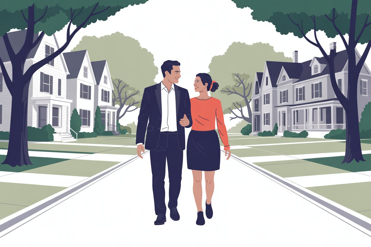 Married couple walking down the street in Raleigh's Historic Oakwood Neighborhod