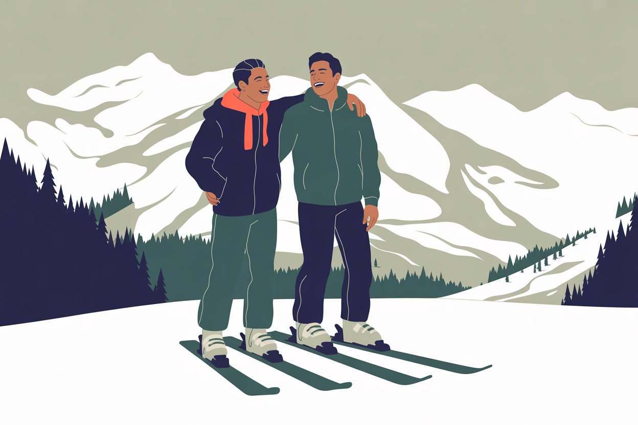 A flat vector image of a gay male couple is at a ski resort.