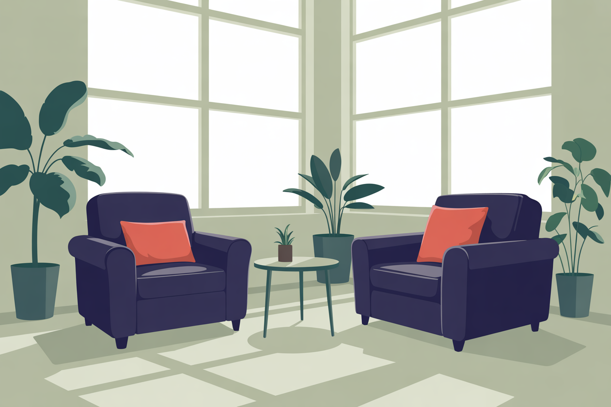 A flat vector image of a comfortable therapy office