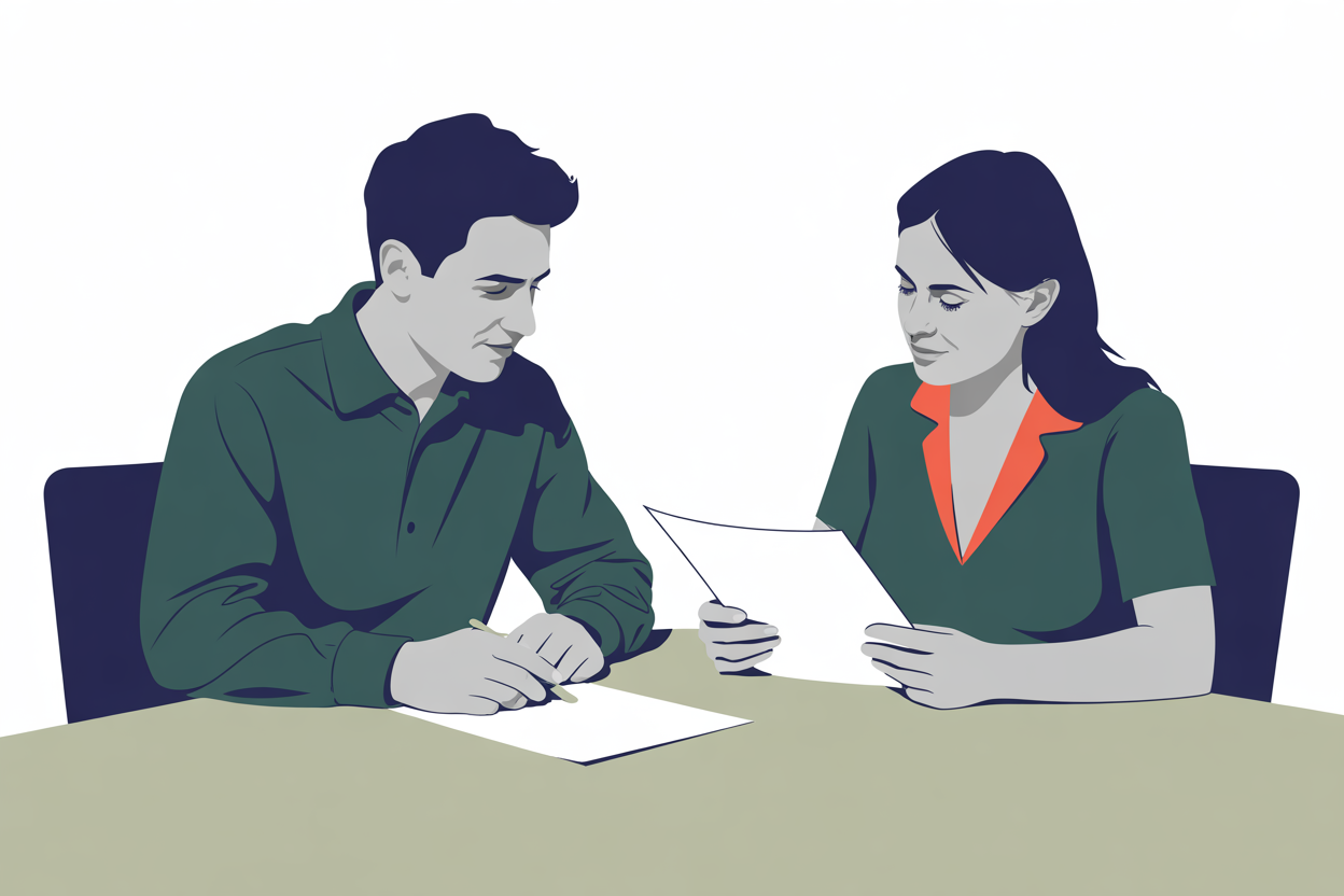 A flat vector image of a man and woman sitting at a table reviewing documents