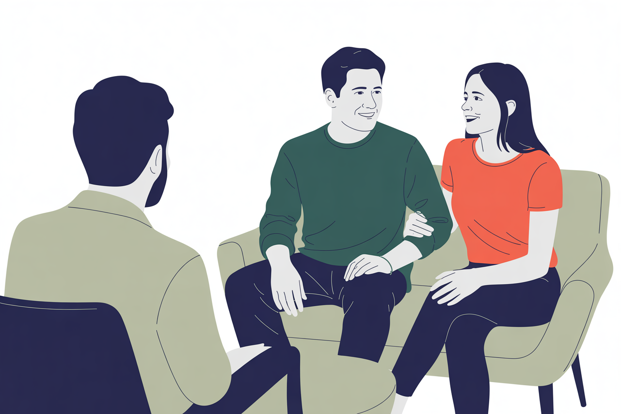 A flat vector image of a man and woman talking with a couples counselor