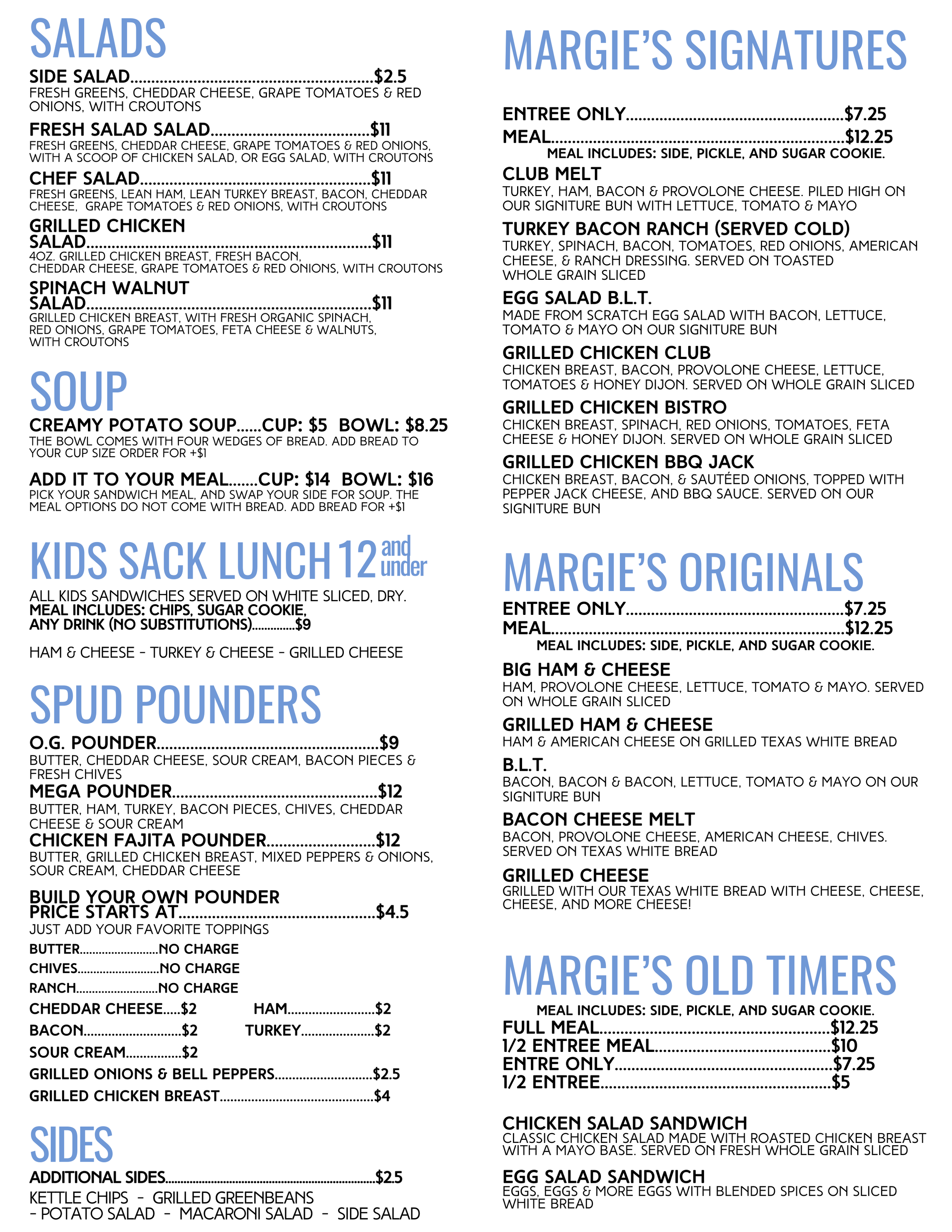 A menu from a restaurant named Margie's, listing salads, soups, kids' lunch options, and various sandwiches with descriptions and prices.