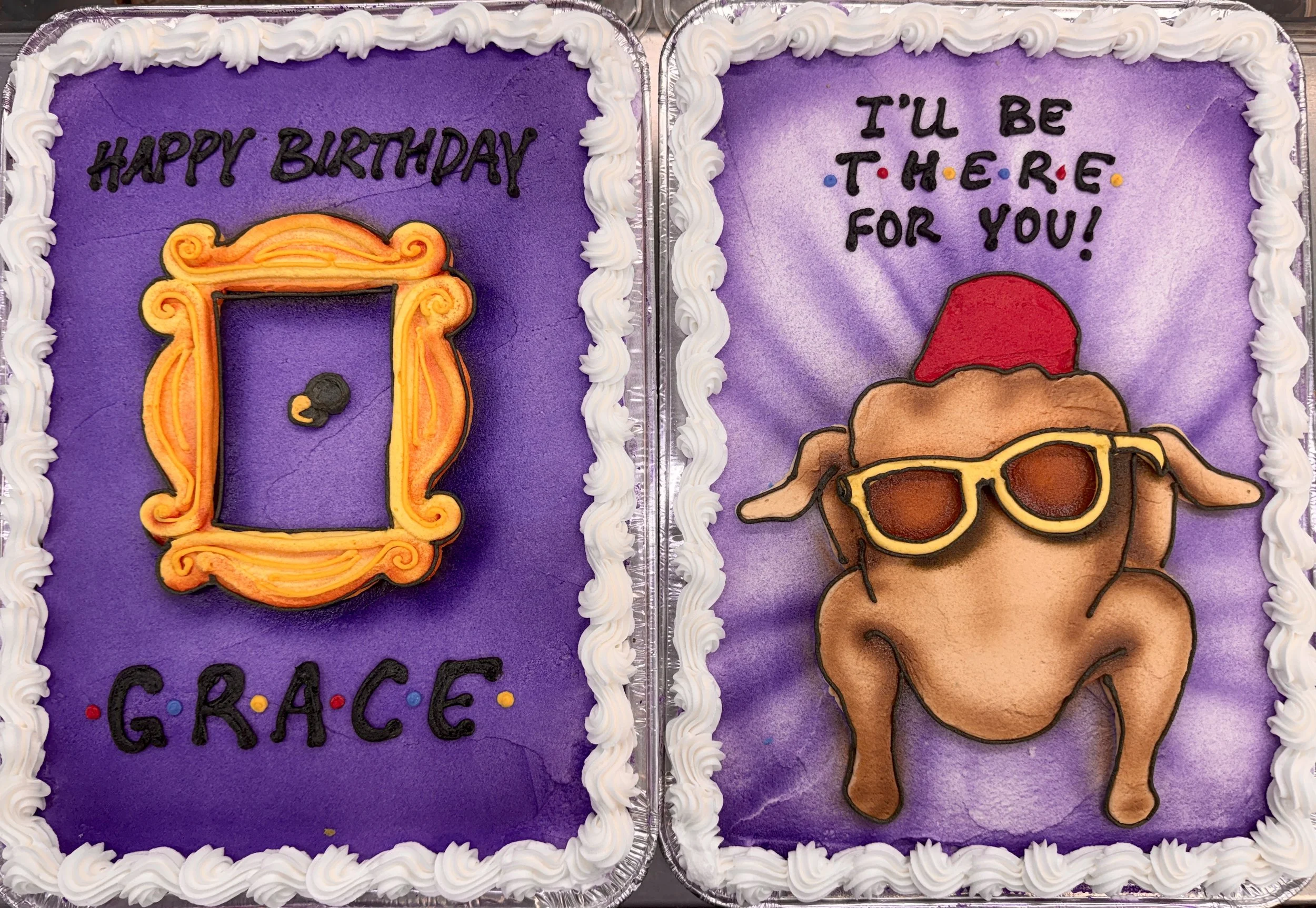 Two decorated birthday cakes with purple backgrounds, white piped borders, and themed decorations. The left cake features an orange framed picture with the text 'Happy Birthday' above, a small black dot, and the word 'Grace' in black with colorful do