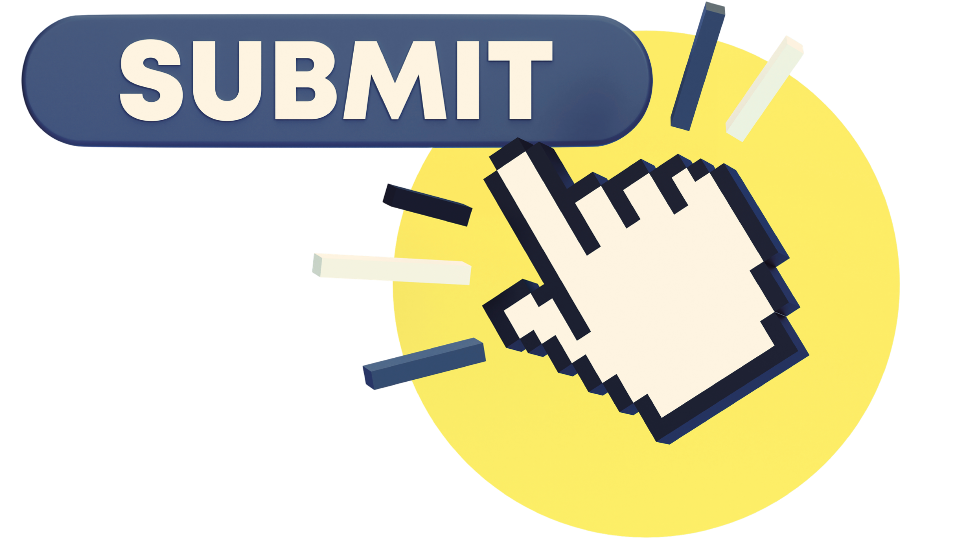 Digital illustration of a hand cursor clicking a large blue submit button with white text on a yellow background.