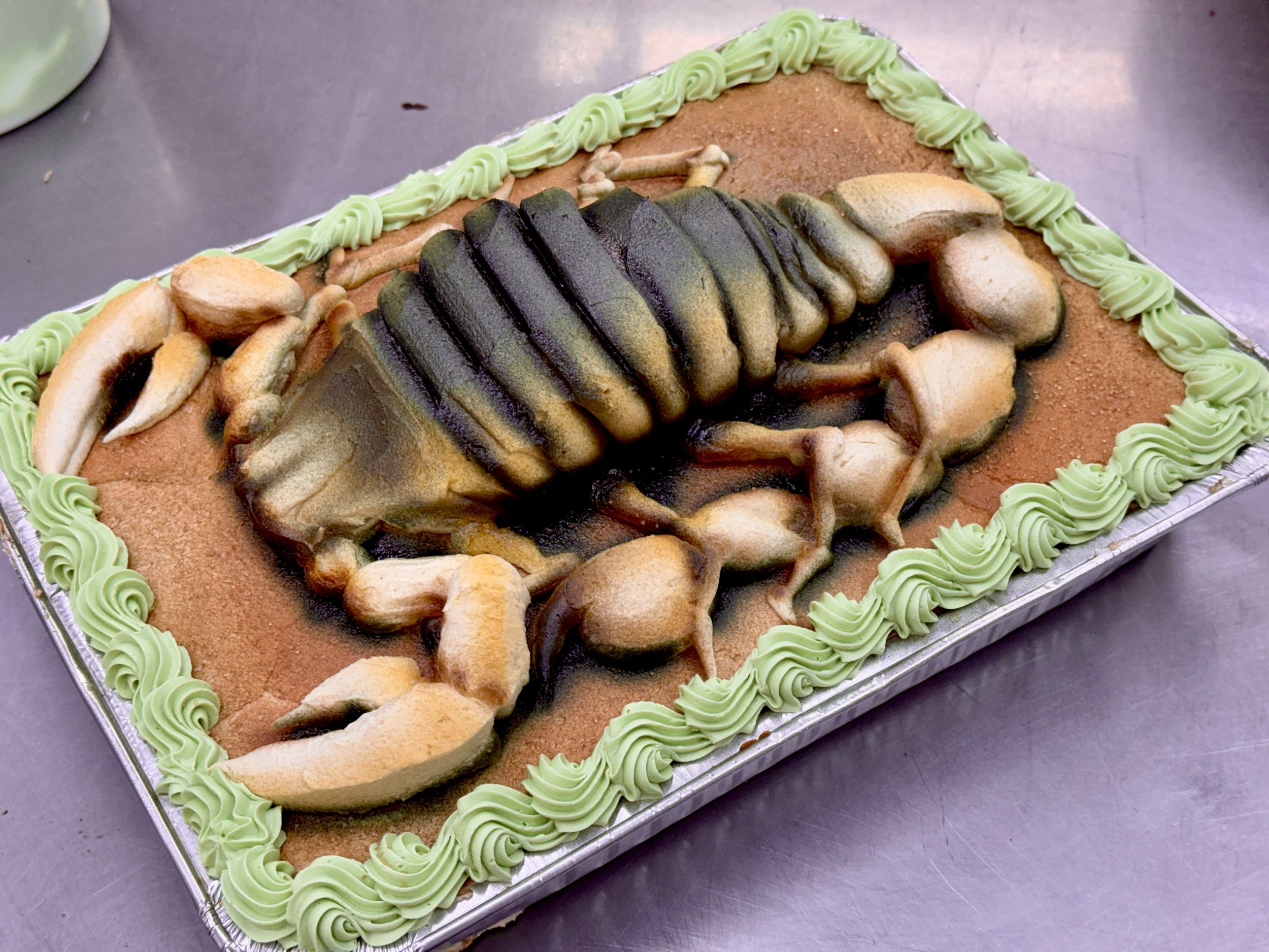 A rectangular cake decorated with green icing piping around the edges, featuring a painted edible image of a black and yellow scorpion on top, with additional decorative elements including beige and green shapes.