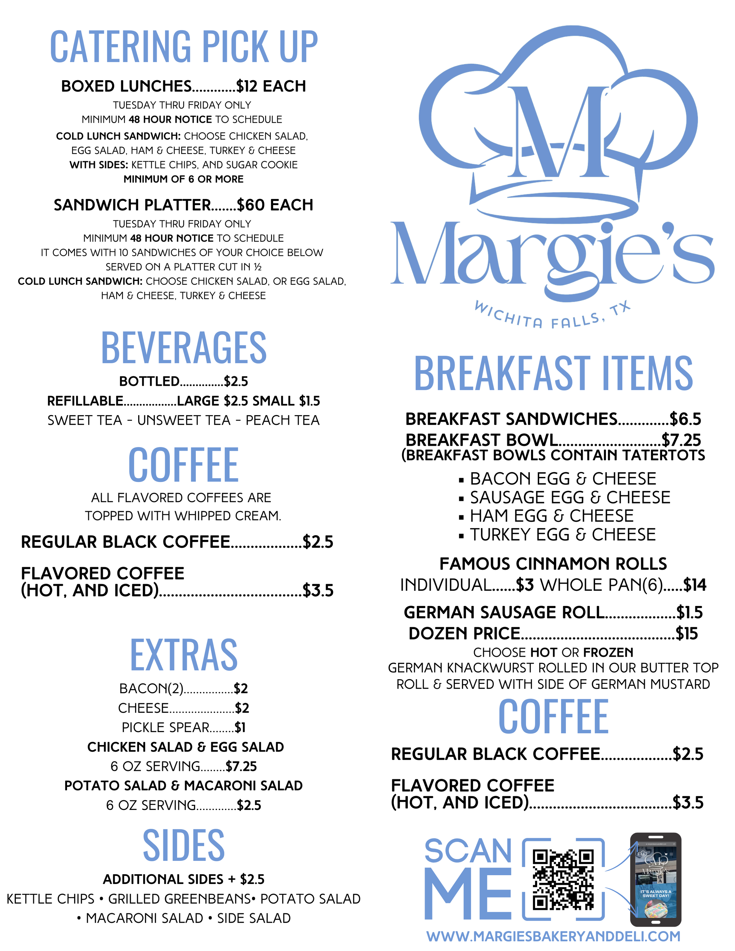 Menu for Margie's Bakery and Deli in Wichita Falls, TX, with sections for catering pick-up, breakfast items, extras, sides, drinks, and a QR code for ordering.