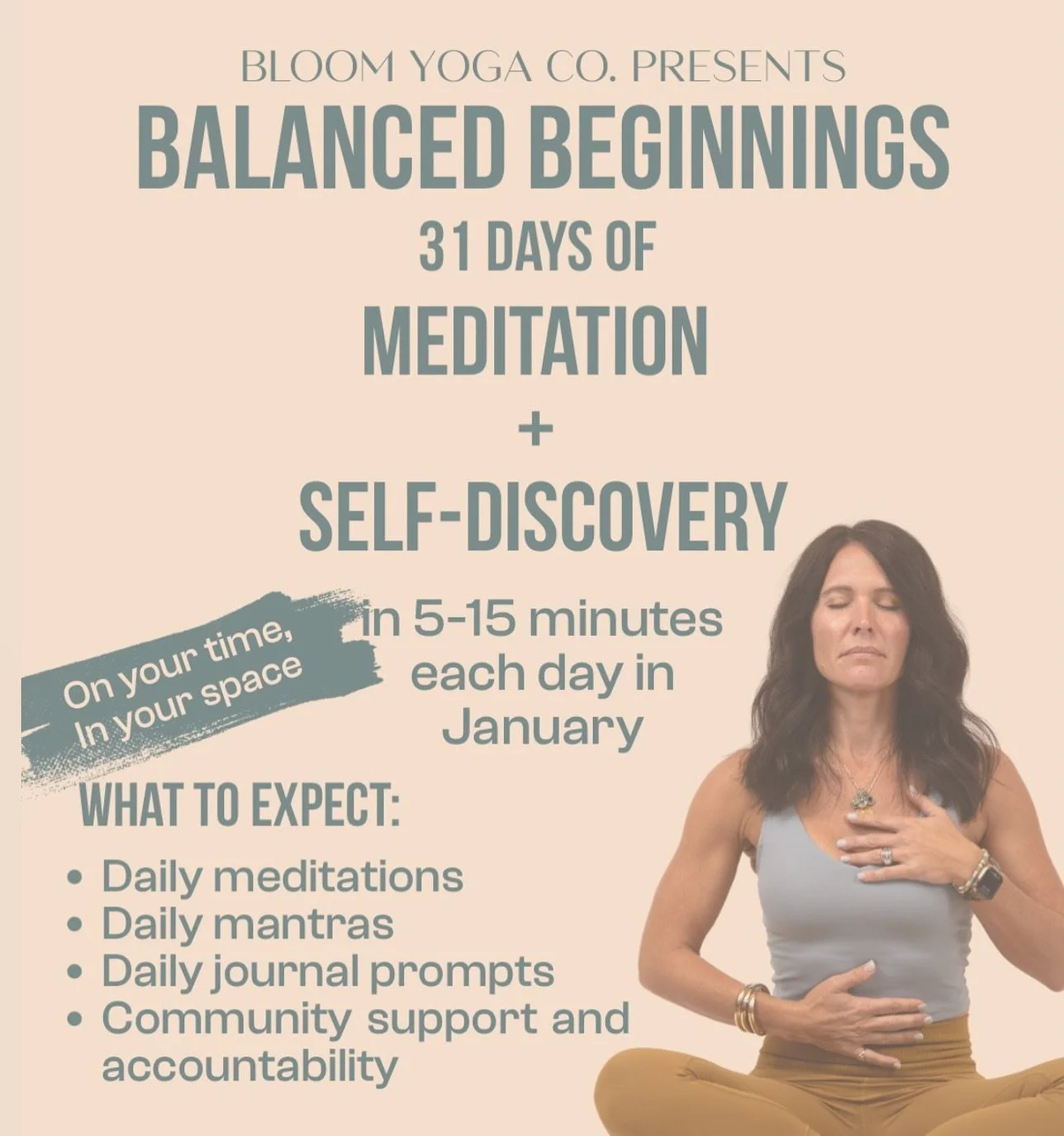 Balanced Beginnings is a 31-day meditation + self-discovery experience designed to help you build a simple, sustainable daily practice &mdash; without pressure, perfection, or prior experience.

Each day, you&rsquo;ll receive:
✨a short guided meditat
