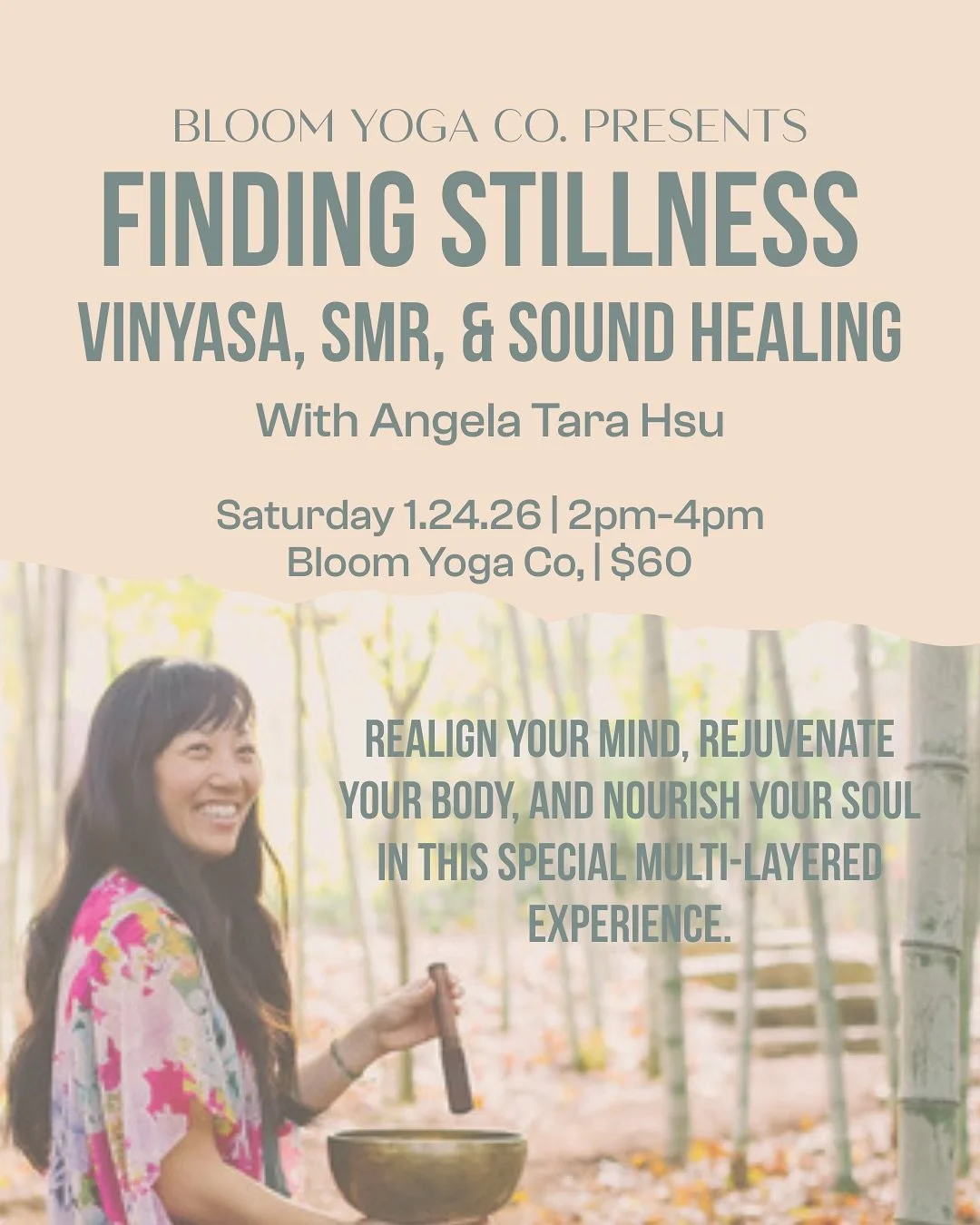Stillness isn&rsquo;t passive &mdash; it&rsquo;s powerful.

Join us for Finding Stillness with Angela Tara Hsu, a multi-layered experience blending:
&bull; Vinyasa yoga
&bull; Self-myofascial release (SMR)
&bull; Reiki-infused sound healing

This wor
