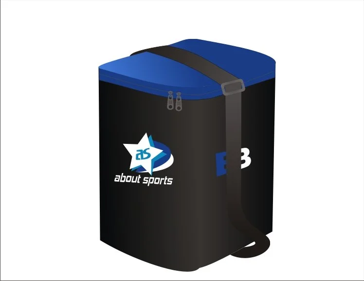 Cooler bag with black body, blue lid, and shoulder strap, featuring 'about sports' logo and the number '3'.