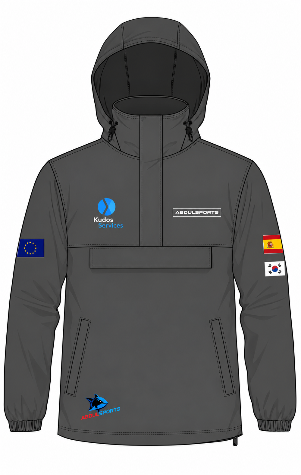 A gray sports jacket with patches from the European Union, Spain, and South Korea, featuring logos for Kudos Services, AbdulSports, and a stylized shark emblem.