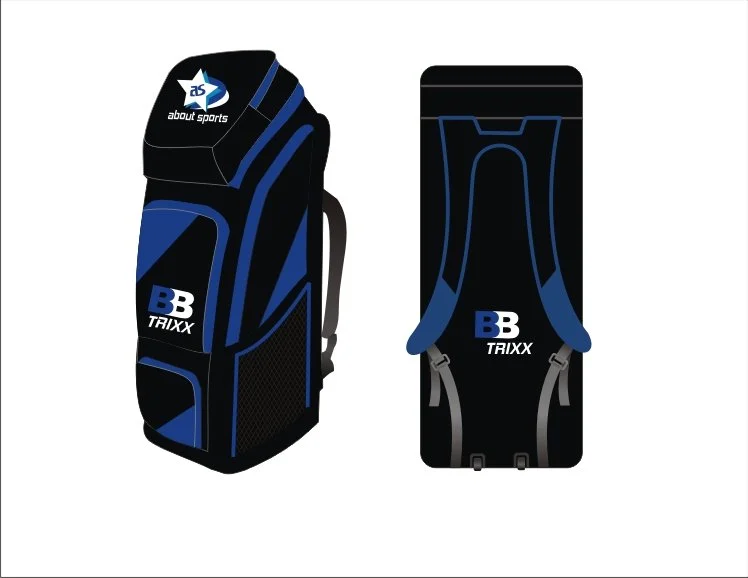A black and blue golf bag and a matching golf stand bag.