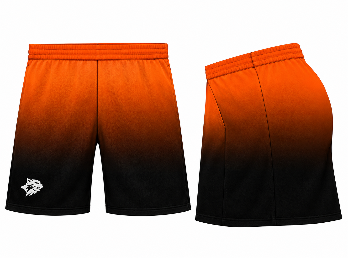 Orange and black athletic shorts with a lion logo on the left leg, shown from front and side views.