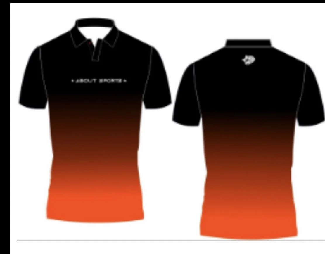 A black and orange gradient polo shirt with 'ABOUT SPORTS' text on the front and a small logo on the back.