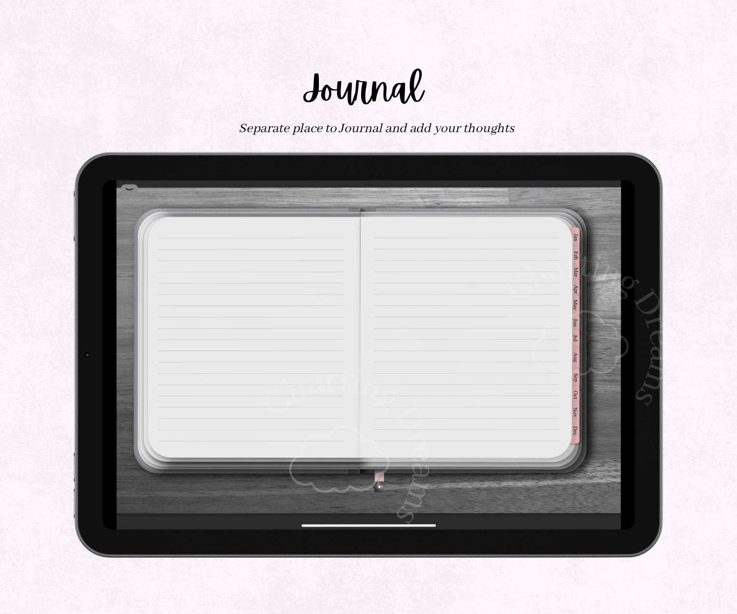 A blank horizontal journal layout template next to a "What you'll receive" product breakdown graphic for a digital download.
