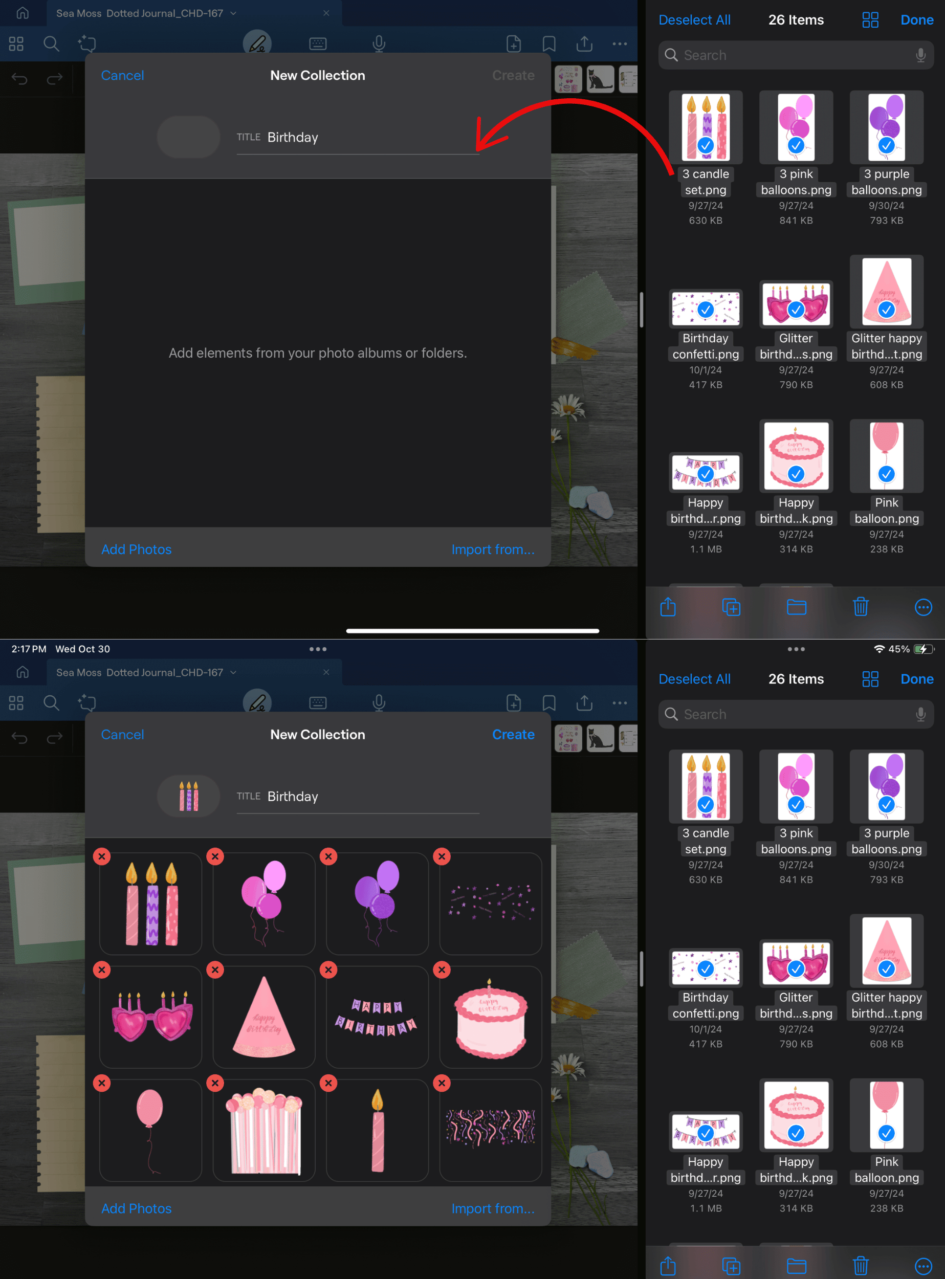 Dragging cute birthday PNG stickers into Goodnotes Elements