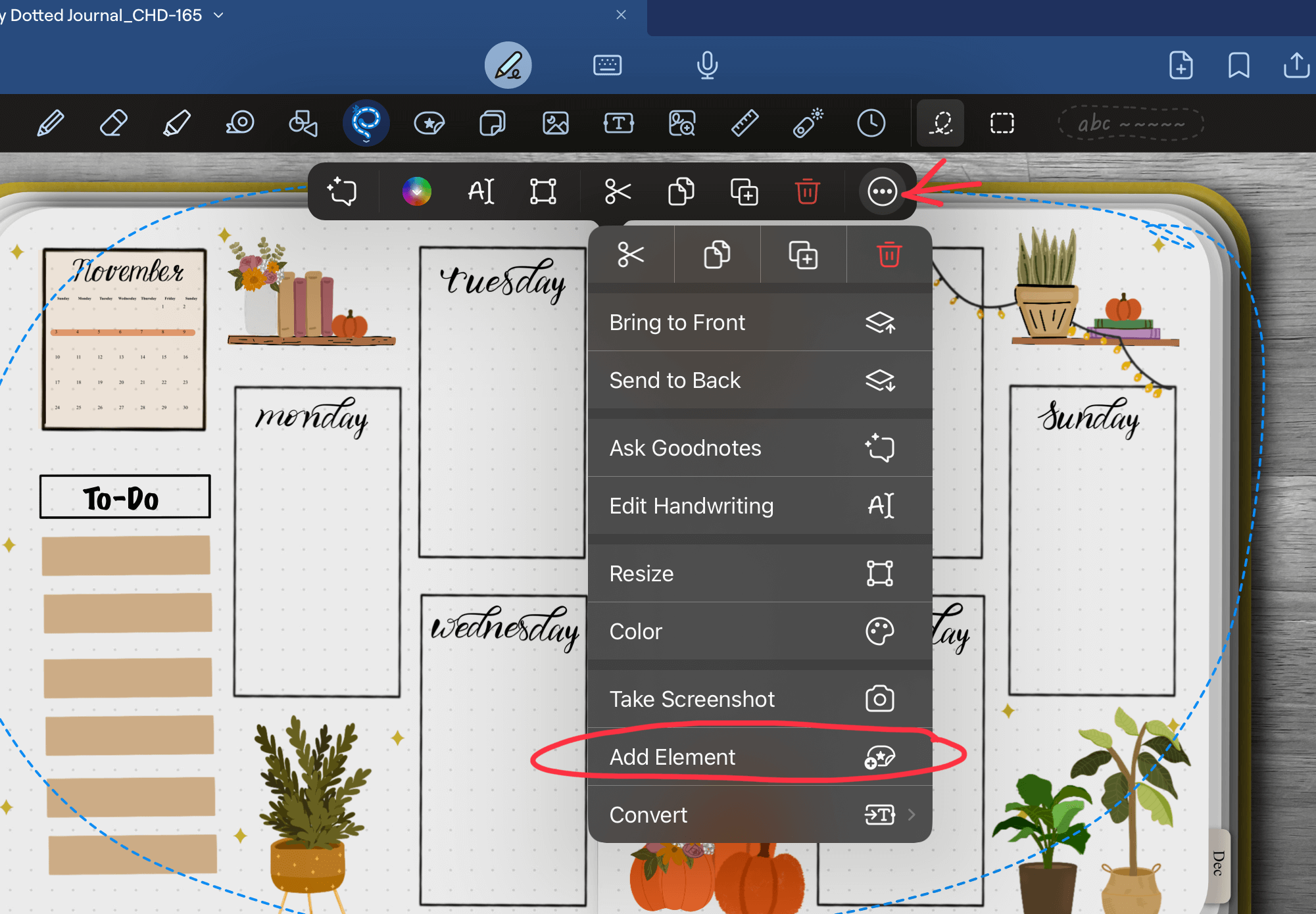 Clicking the three-dot option menu on a selected iPad planner template spread and choosing the Add Element action butto