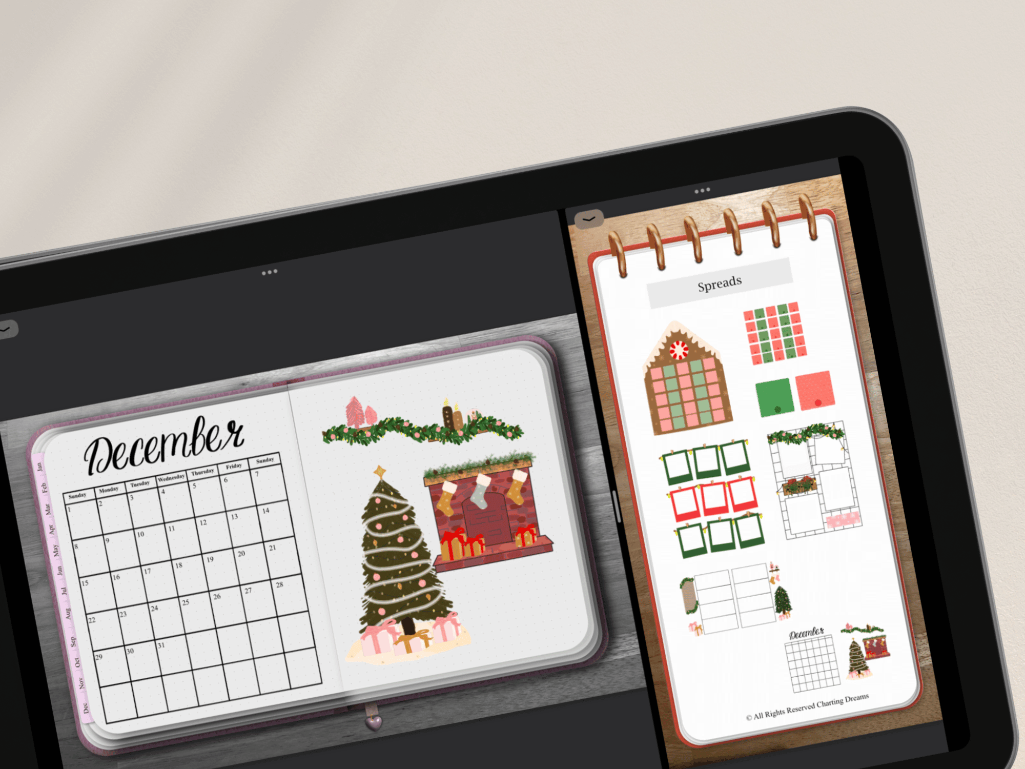Christmas stickers on digital journal spread on iPad