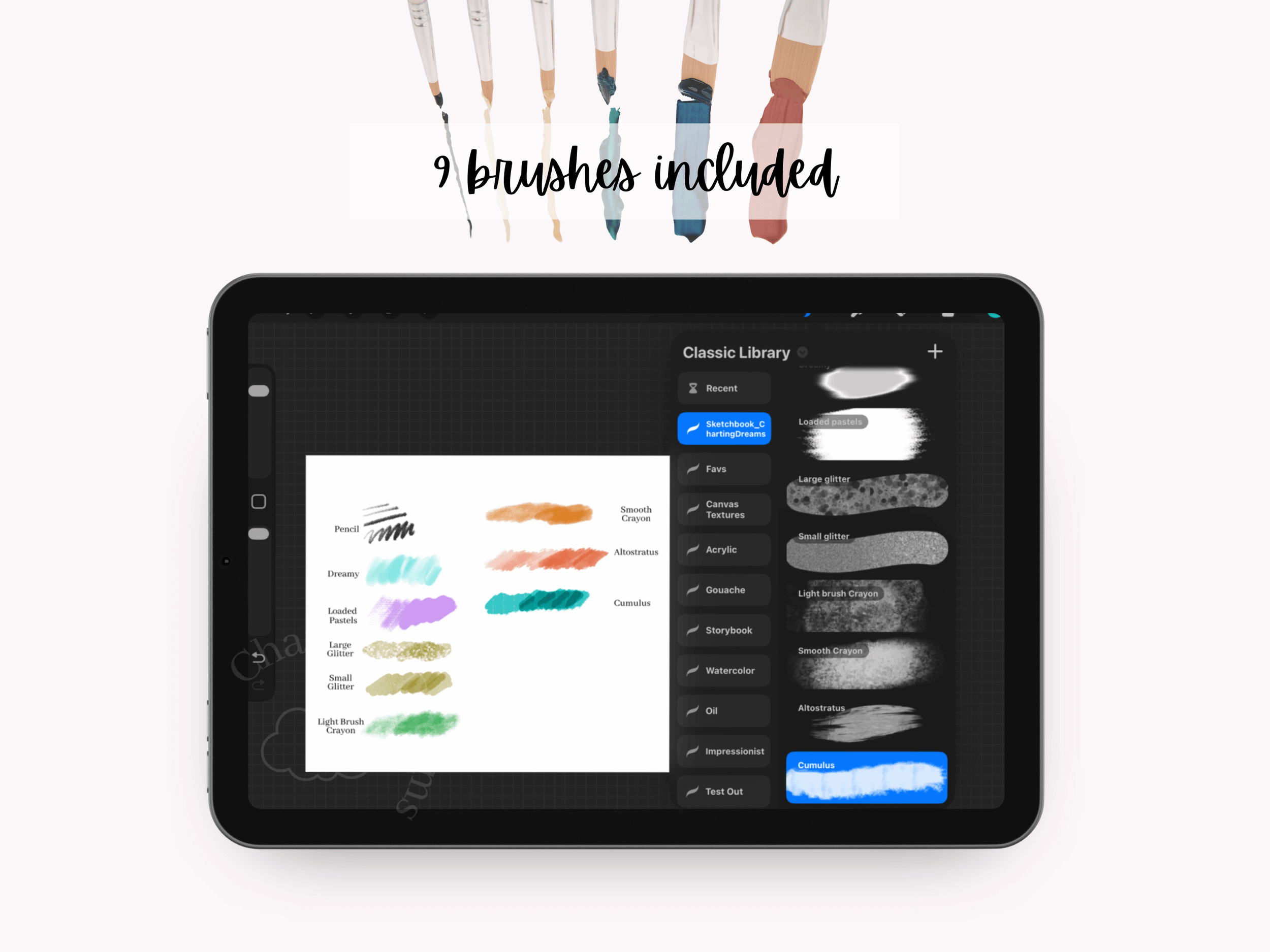 Digital Procreate sketchbook with realistic scrapbook layout for iPad artists organizing digital sketches