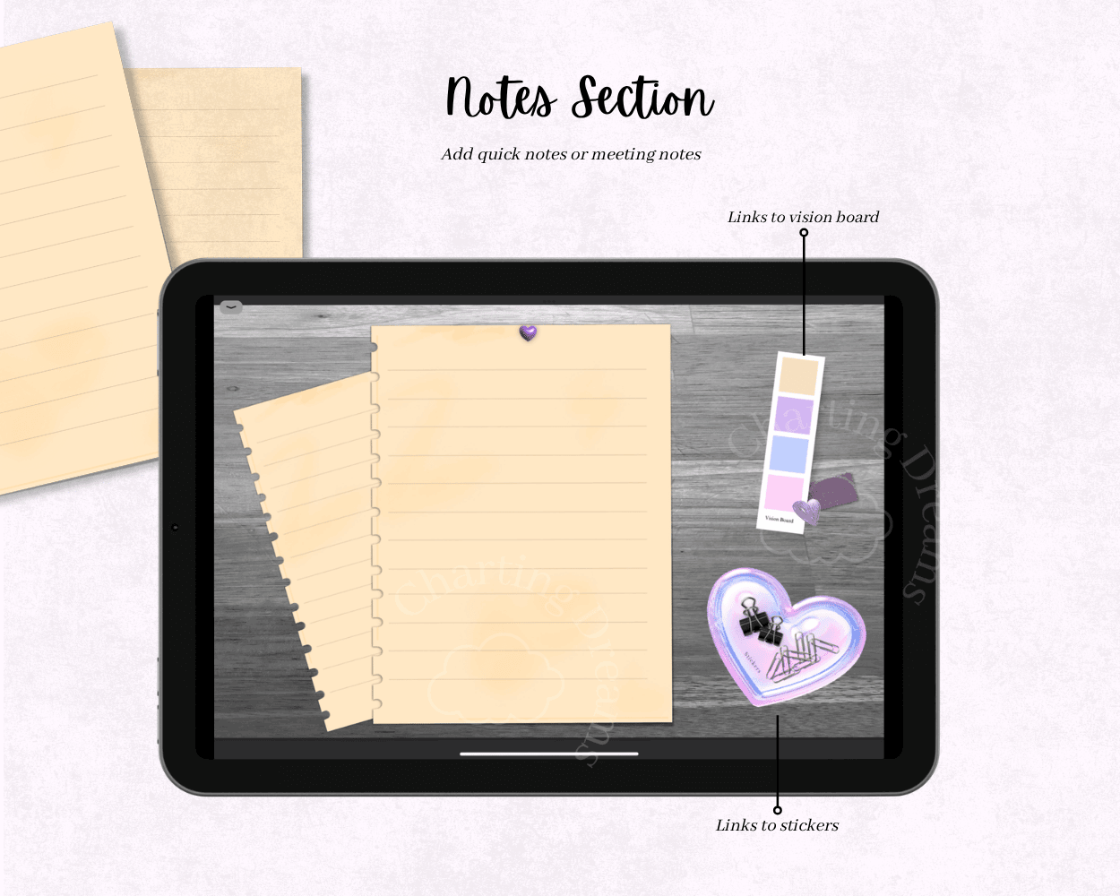 Digital journal notes section with lined pages for thoughts, reflections, lists, and everyday journaling
