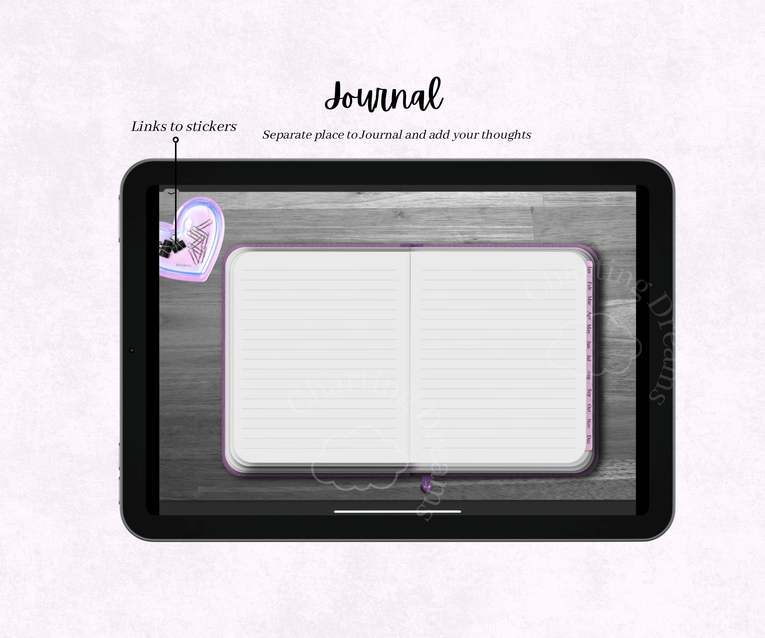 Hyperlinked goodnotes journal to keep track of thoughts and feelings. Self-care hyperlinked Diary