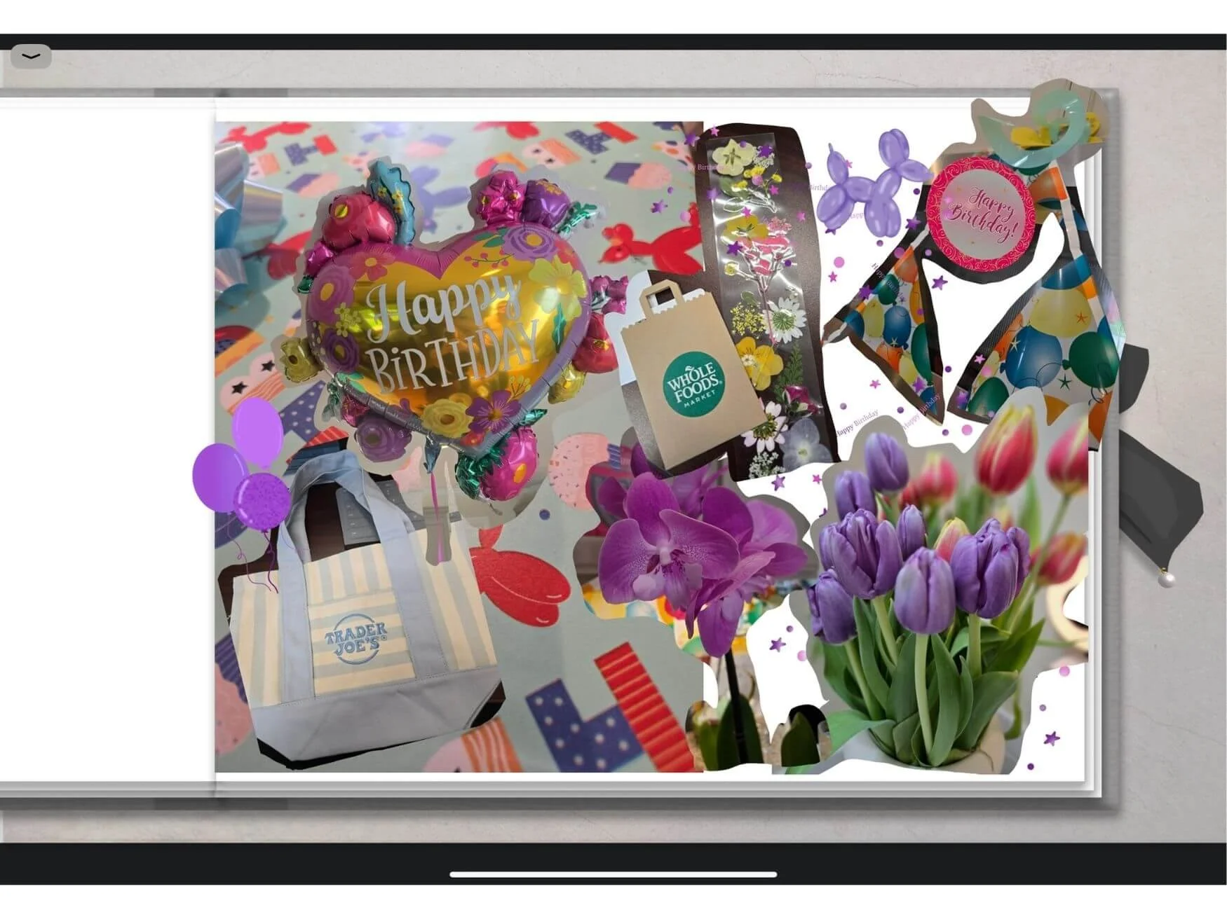 Digital scrapbook page decorate with birthday stickers, pictures and flowers
